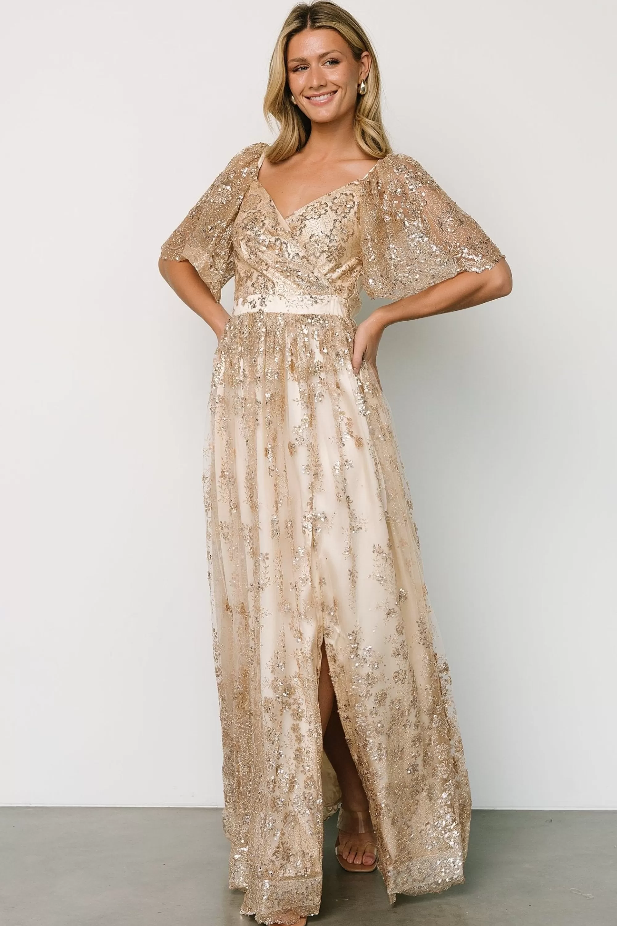 Baltic Born SALE | Genevieve Glitter Maxi Dress | Gold + Nude