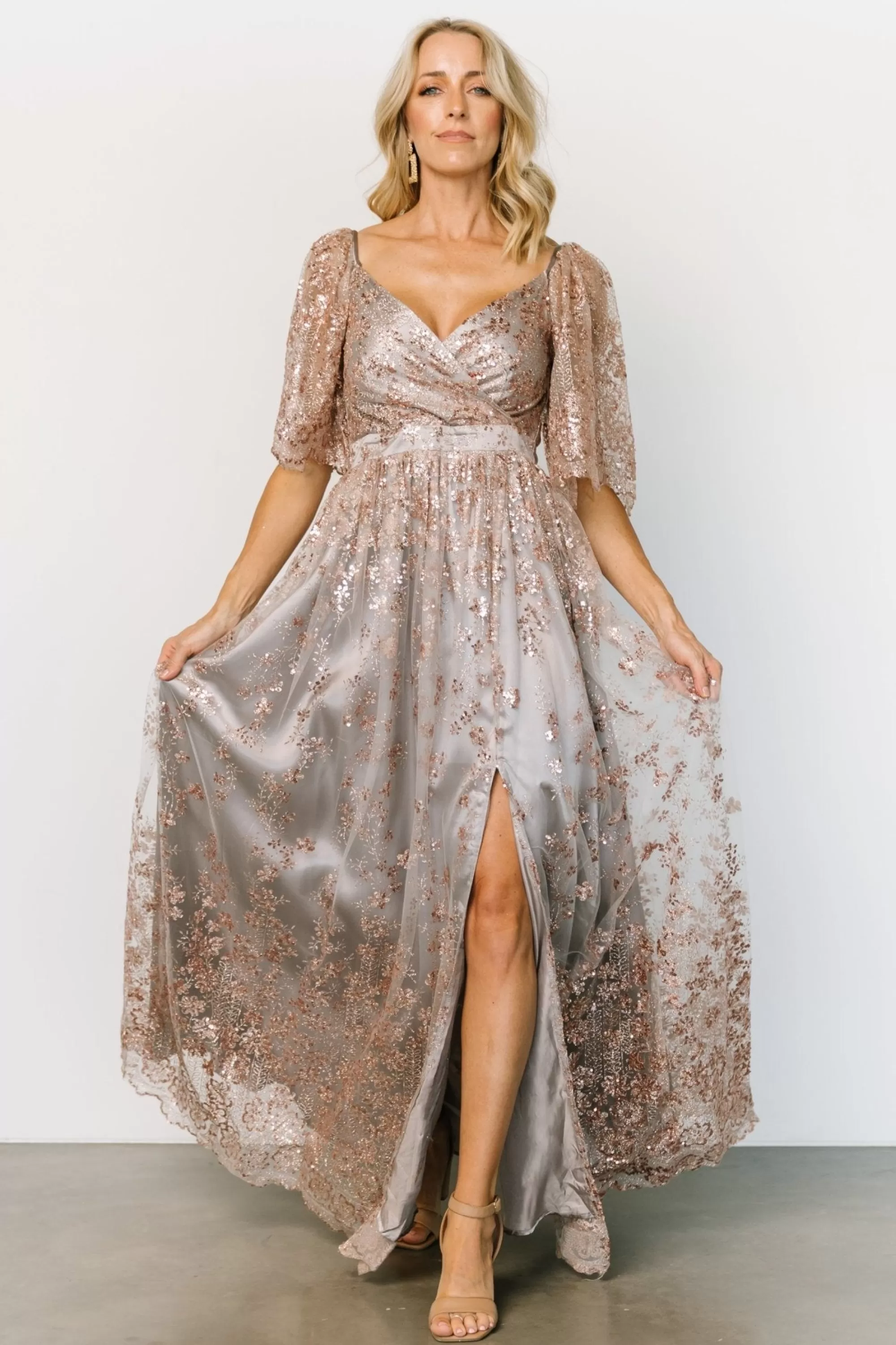 Baltic Born SALE | Genevieve Glitter Maxi Dress | Gray + Rose Gold