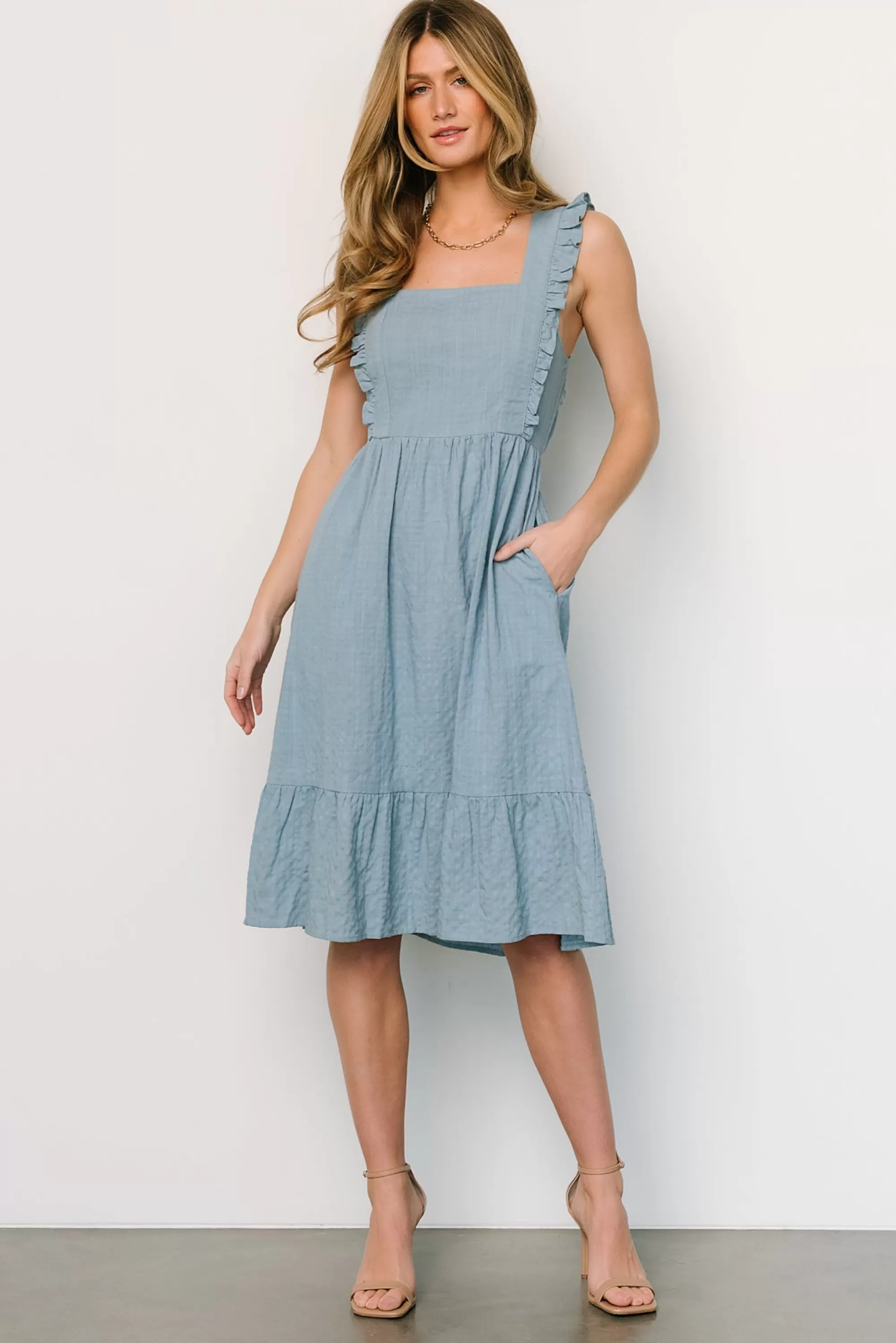 Baltic Born midi dresses | Gretta Ruffle Tie Back Midi Dress | Dusty Blue