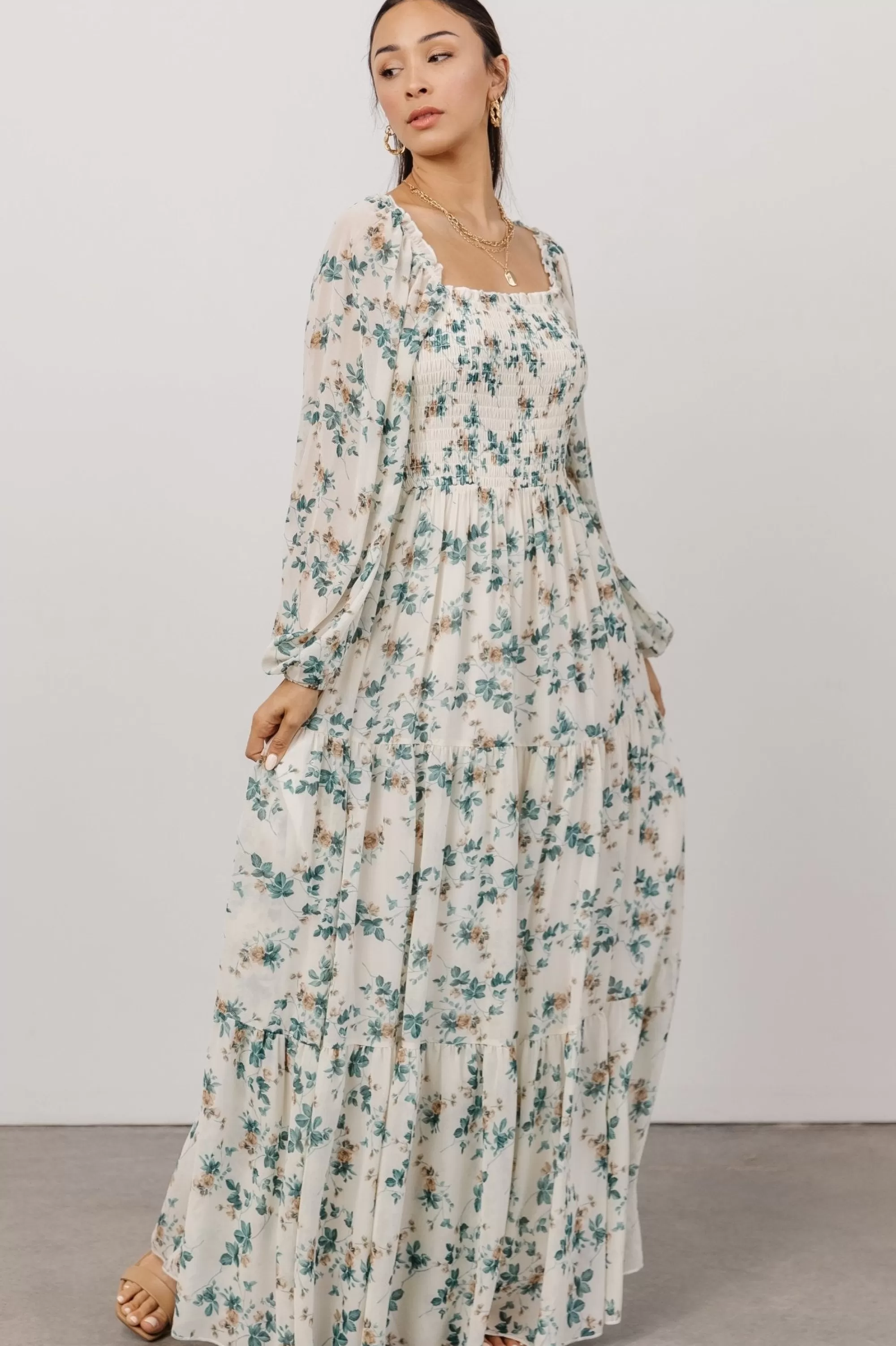 Baltic Born bump friendly | Isabela Smocked Maxi Dress | Ivory + Topaz Floral