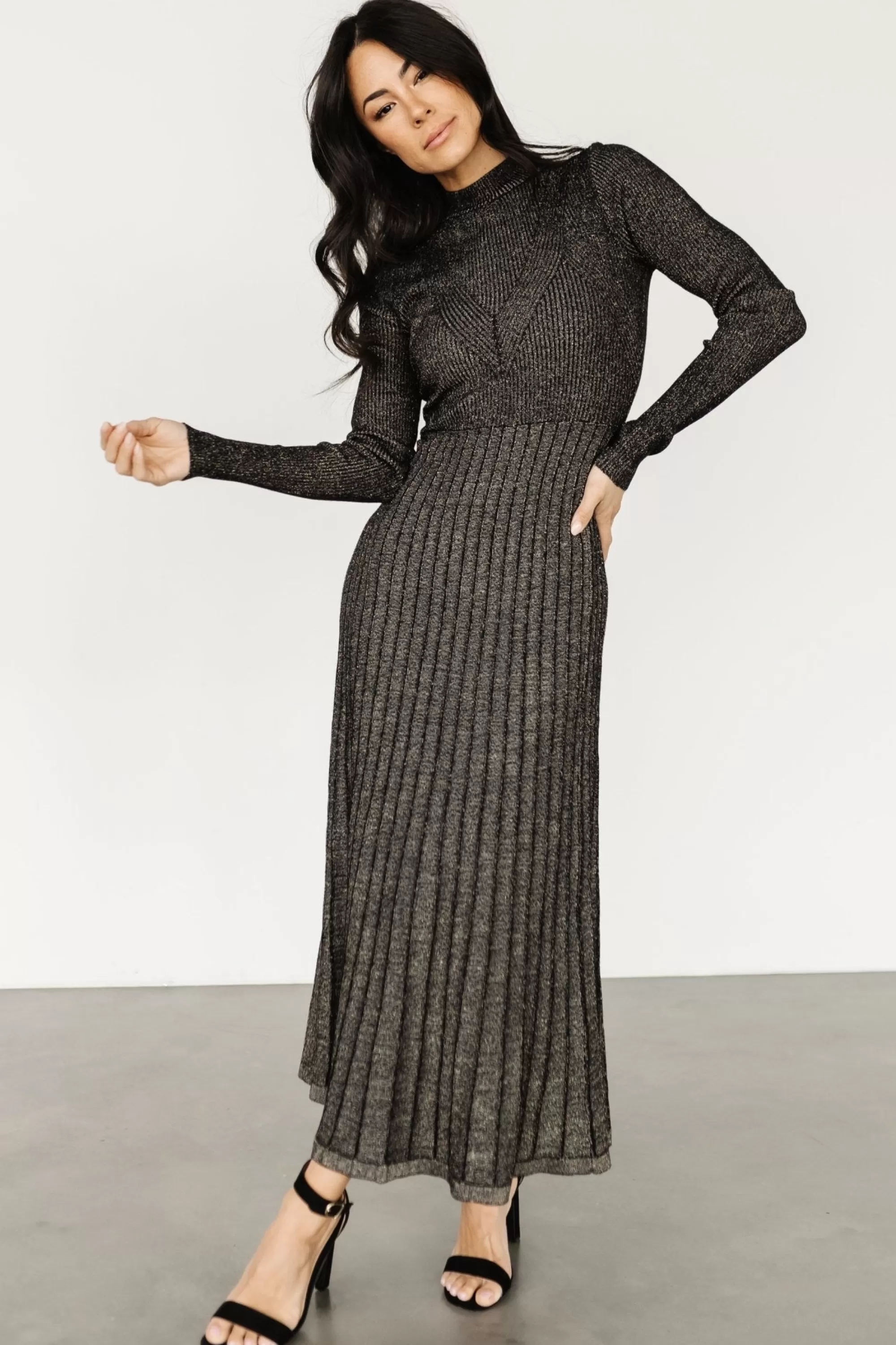 Baltic Born maxi dresses | bump friendly | Jamelia Pleated Sweater Dress | Black + Gold