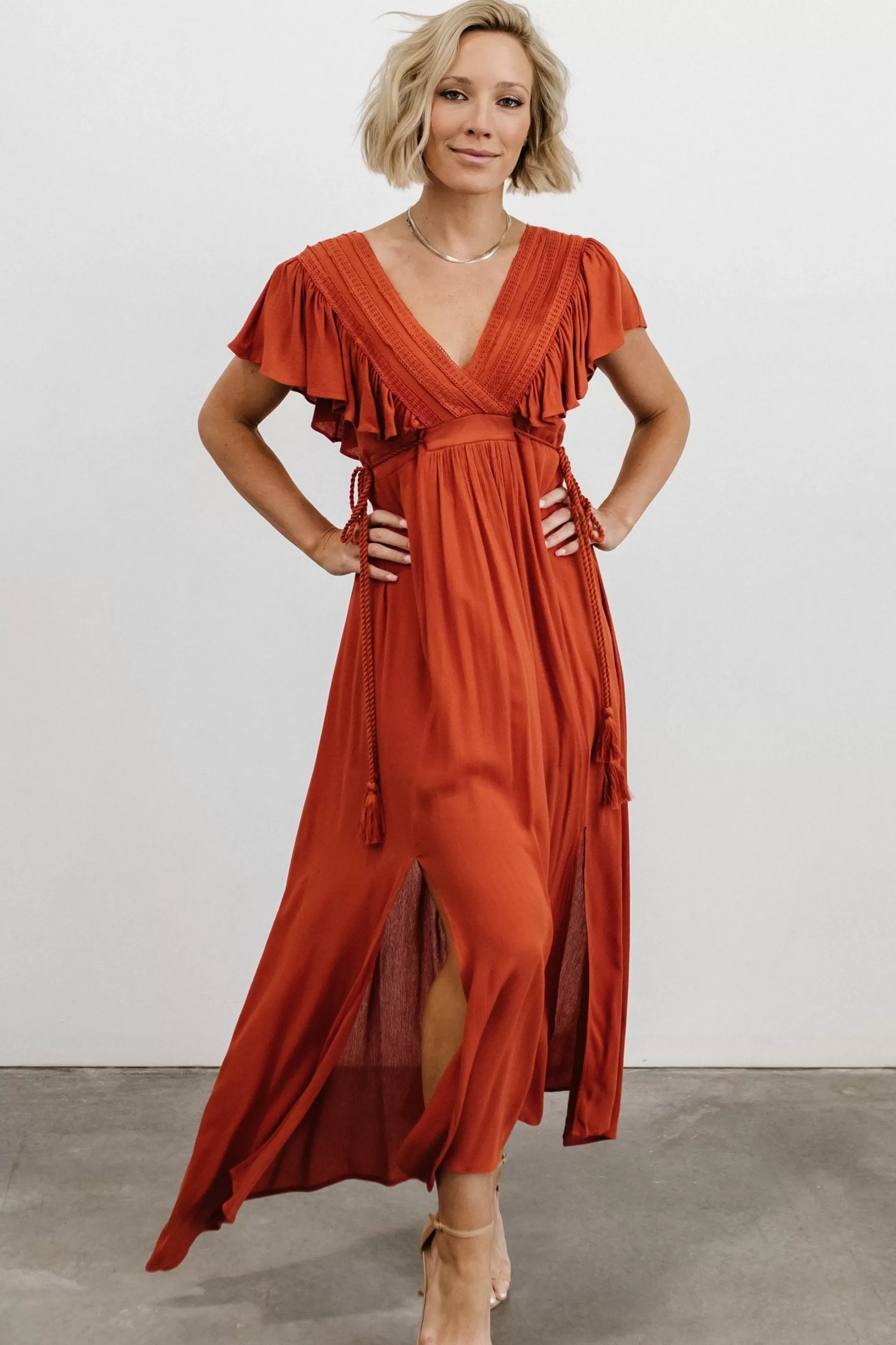 Baltic Born SALE | Jennifer Deep V Maxi Dress | Rust