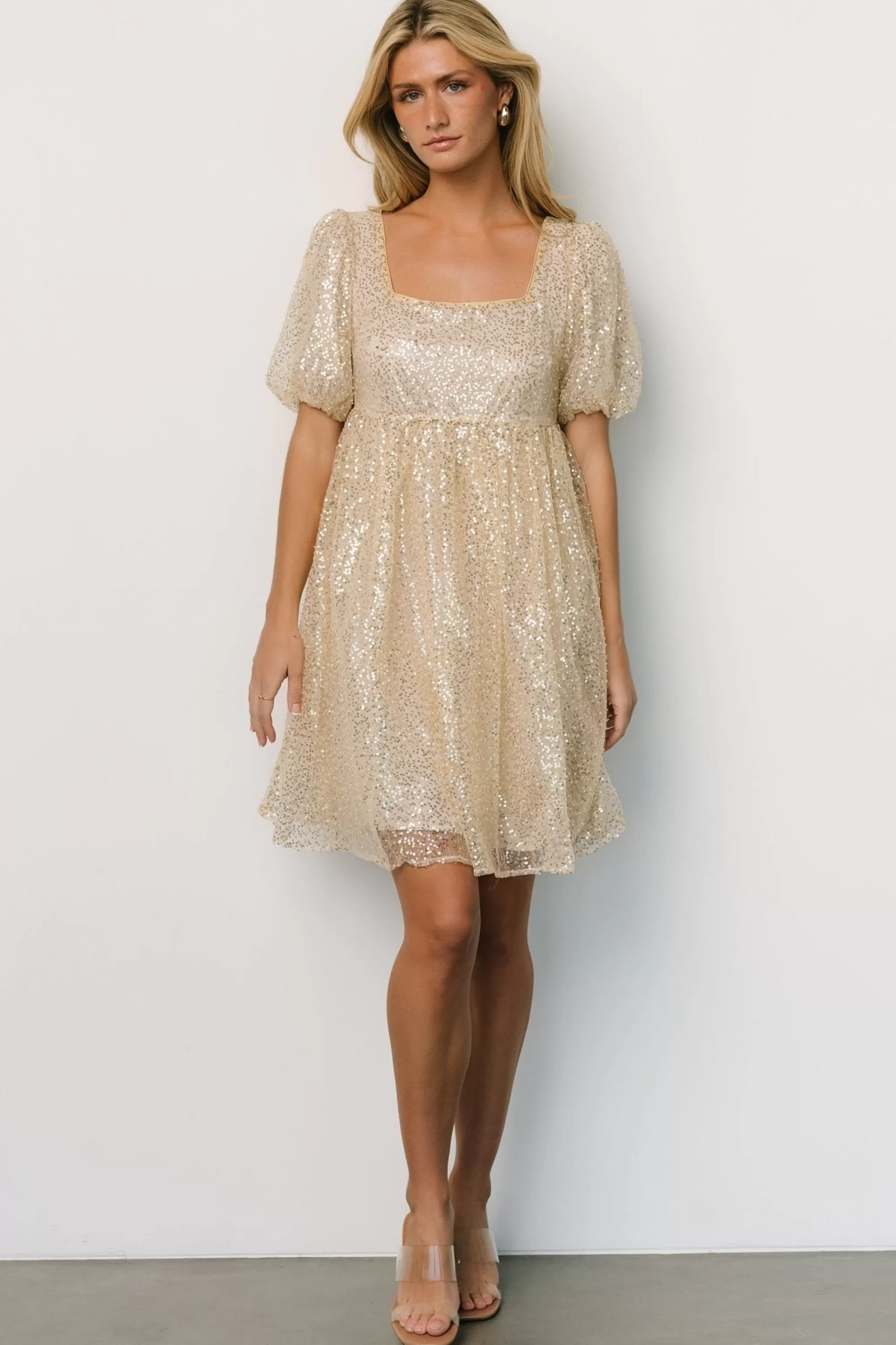 Baltic Born embellished + sequined | Joy Sequin Pearl Short Dress | Gold