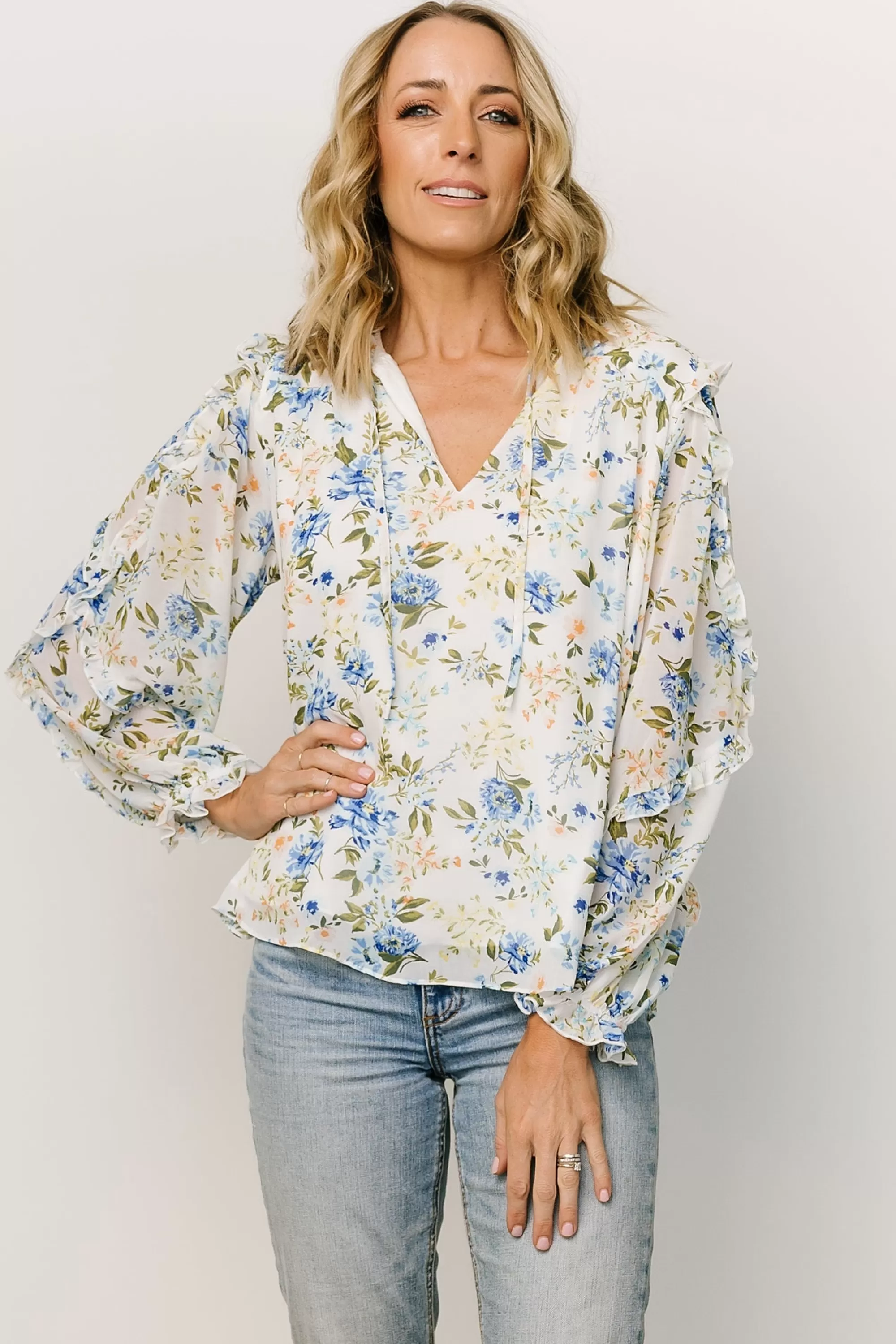 Baltic Born blouses + shirts | Karlie Long Sleeve Ruffle Top | Blue Floral