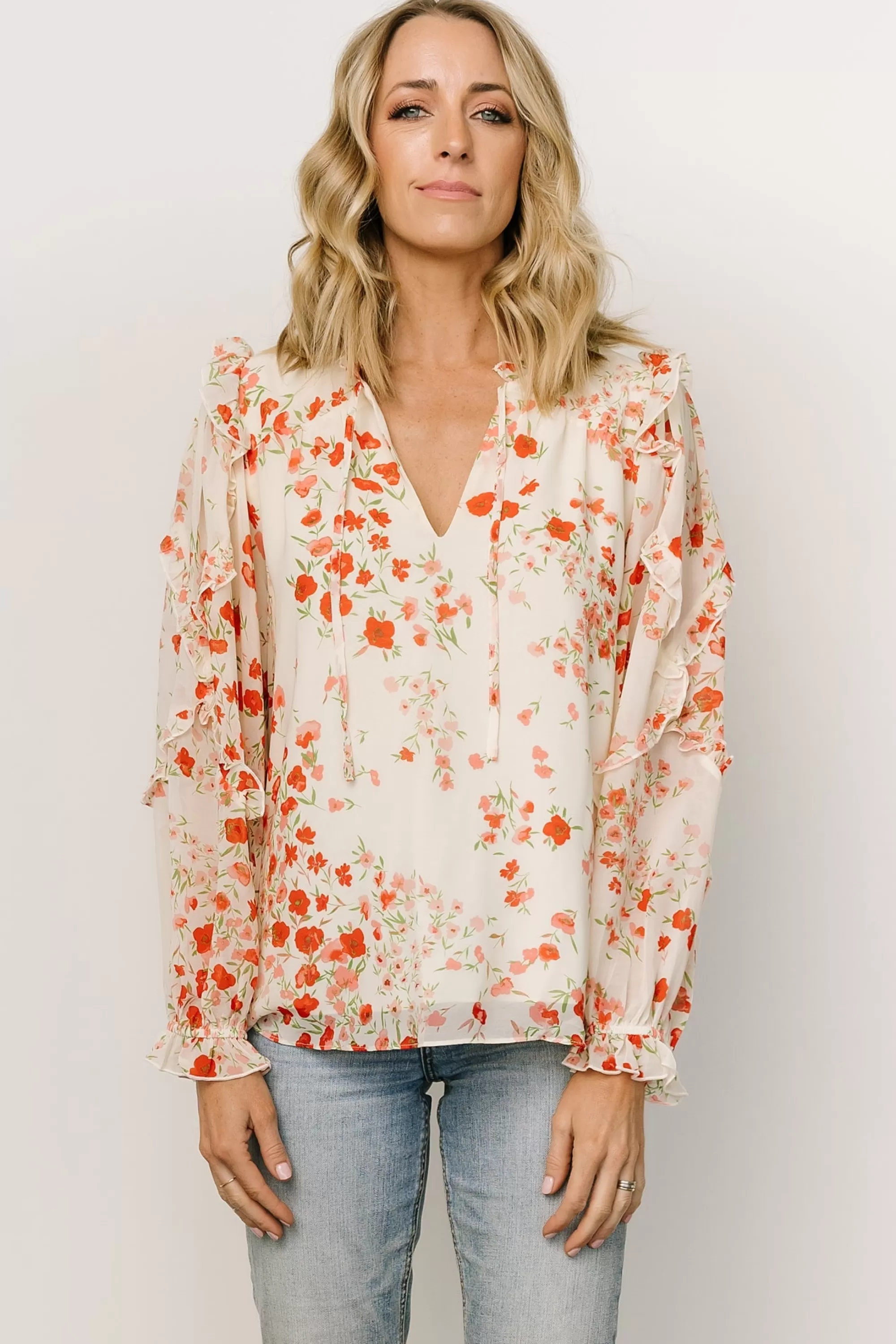 Baltic Born blouses + shirts | Karlie Long Sleeve Ruffle Top | Ivory + Red Multi