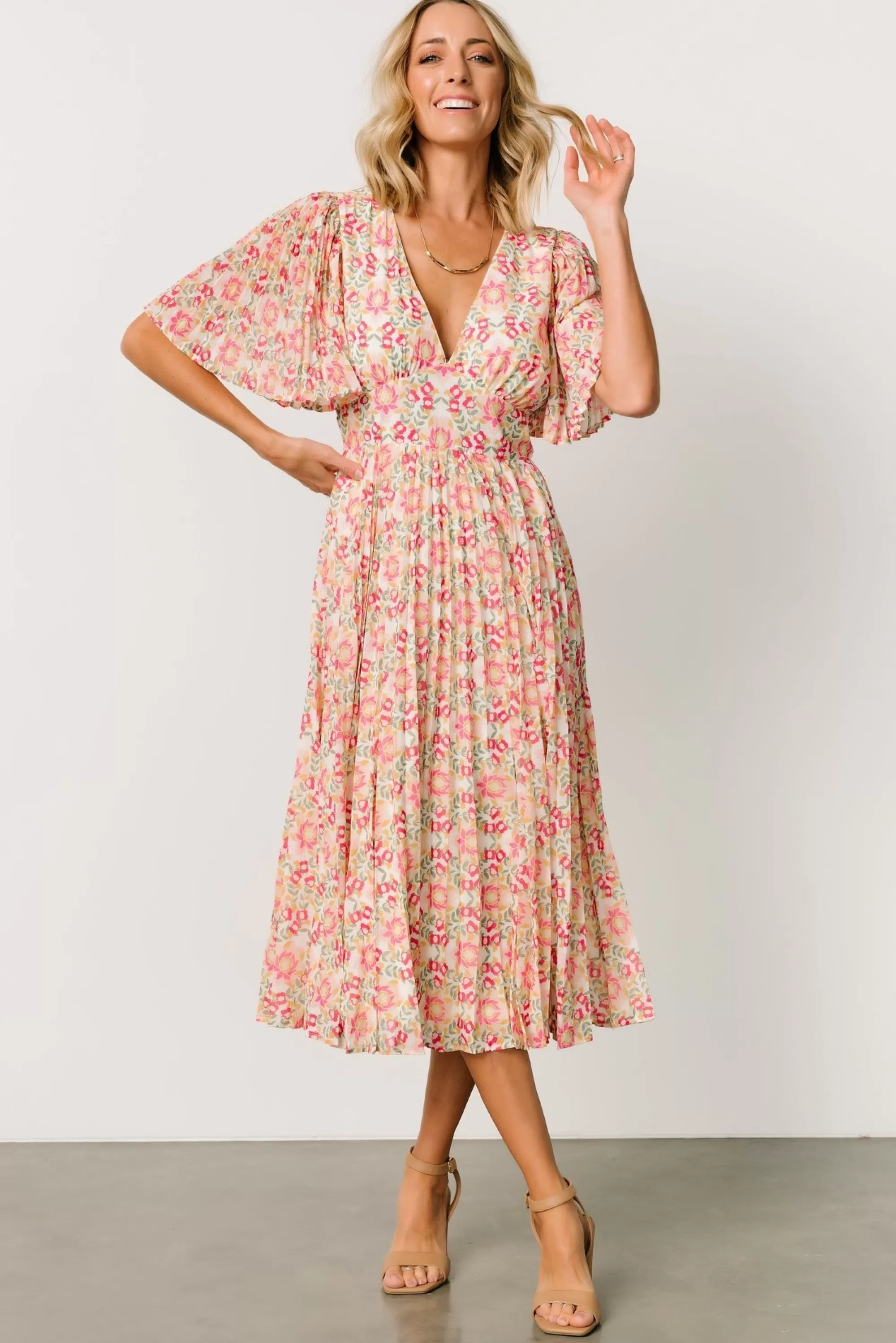 Baltic Born SALE | Kaya Midi Dress | Ivory + Pink Floral