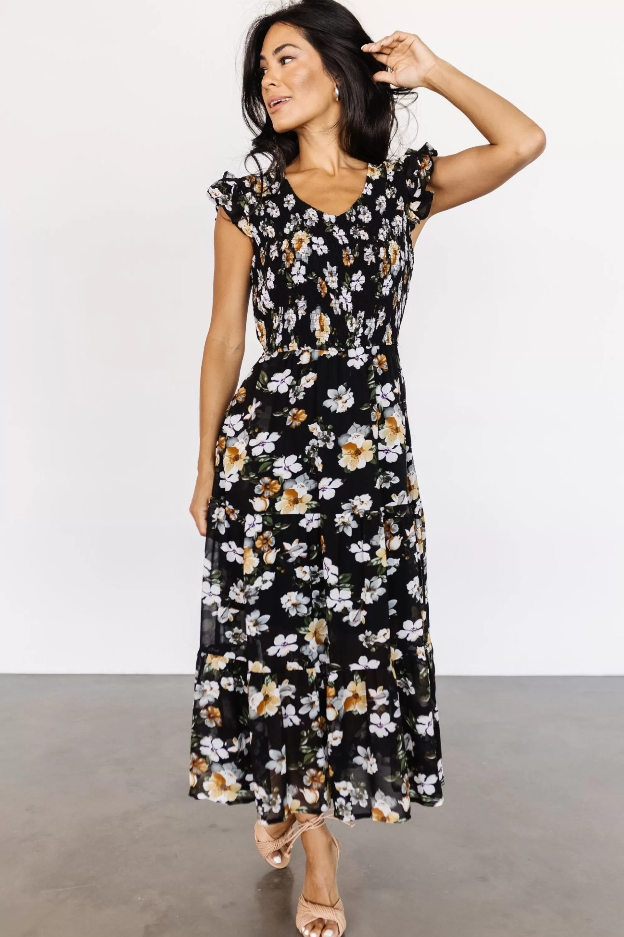 Baltic Born midi dresses | EXTENDED SIZING | Kenna Smocked Midi Dress | Black Floral