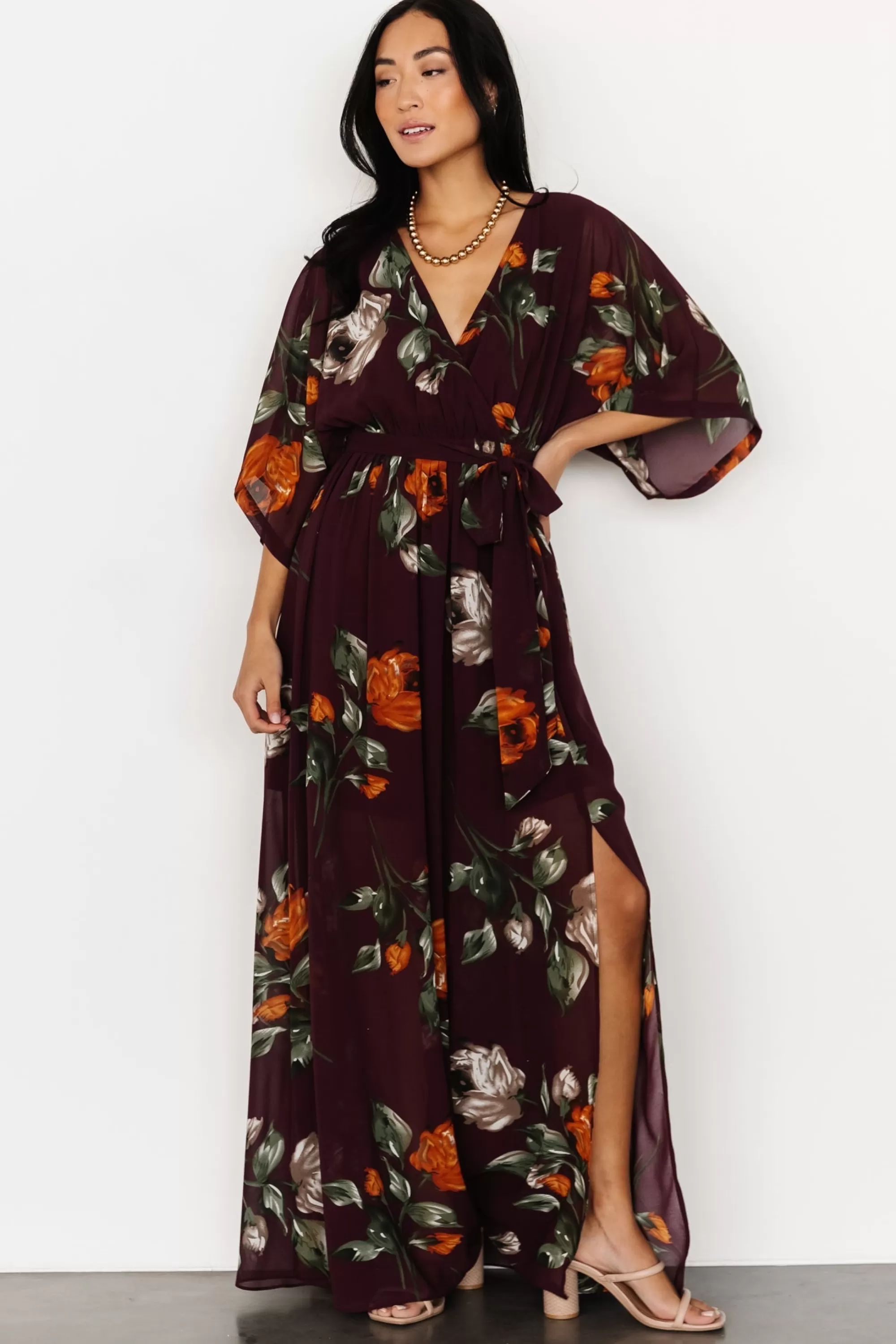 Baltic Born WEDDING SUITE | wedding guest | Kia Kimono Maxi Dress | Eggplant Floral