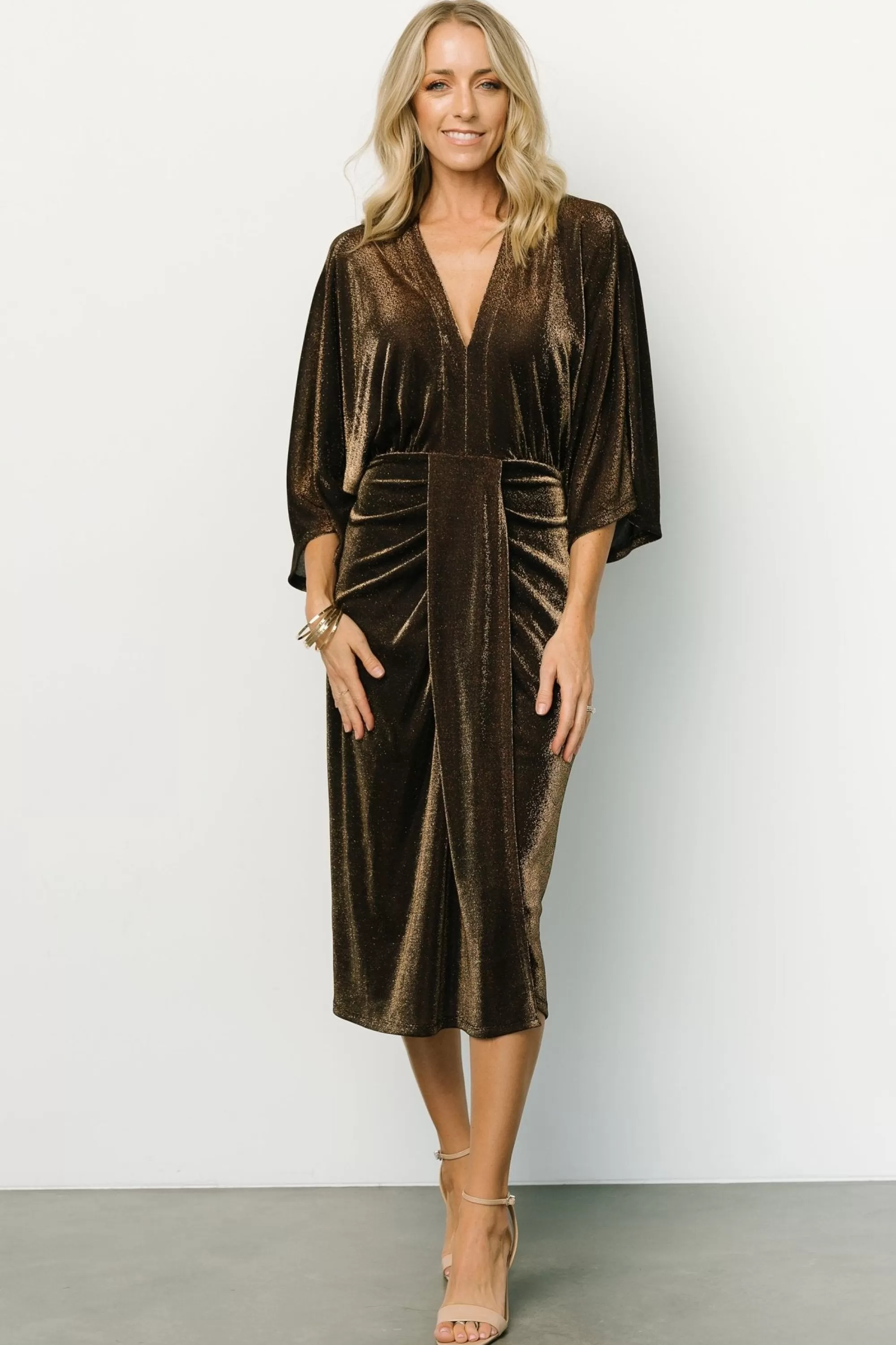 Baltic Born midi dresses | Kleo Ruched Midi Dress | Bronze Shimmer