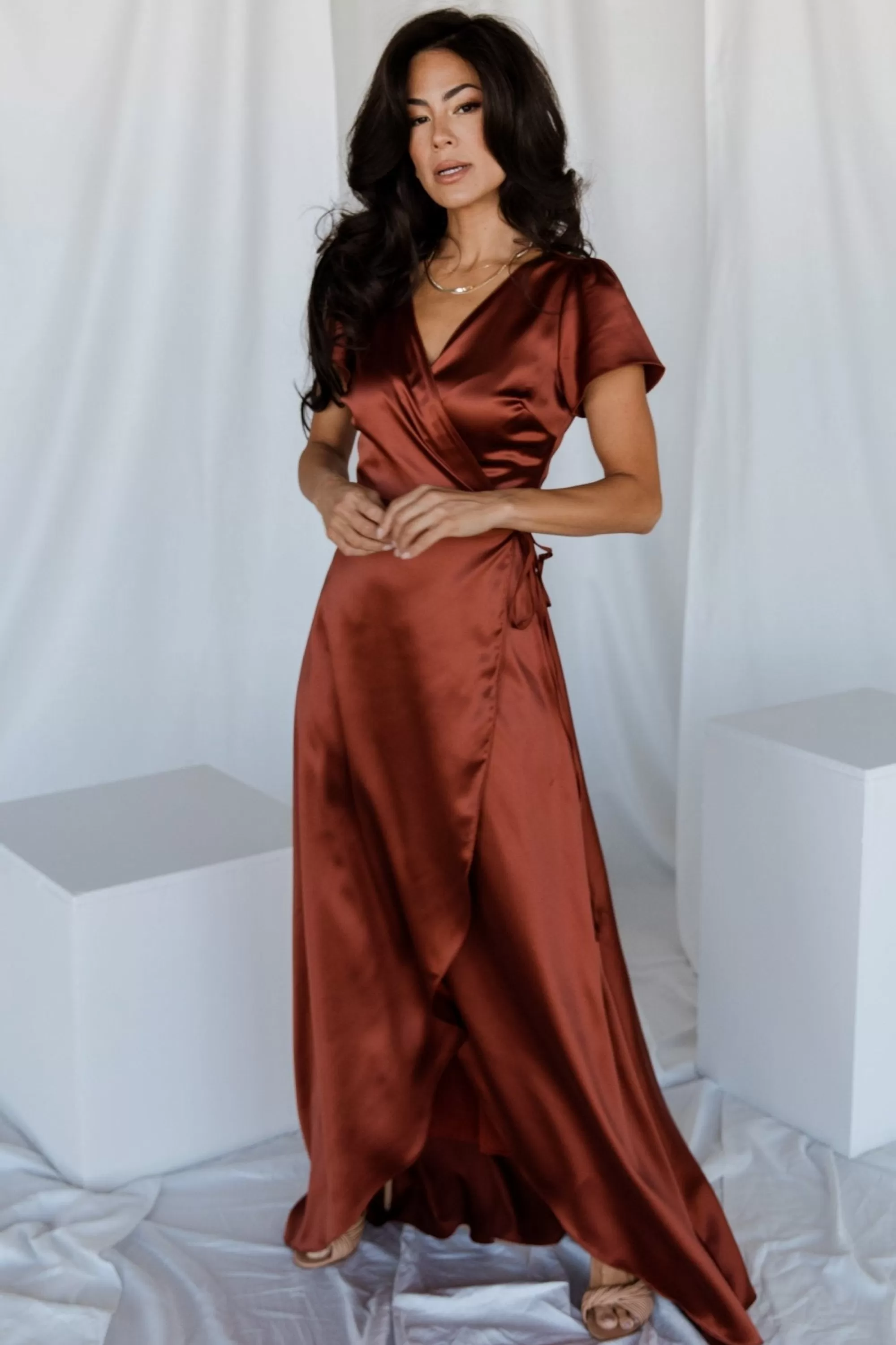 Baltic Born WEDDING SUITE | wedding guest | Krystal Satin Wrap Gown | Cinnamon