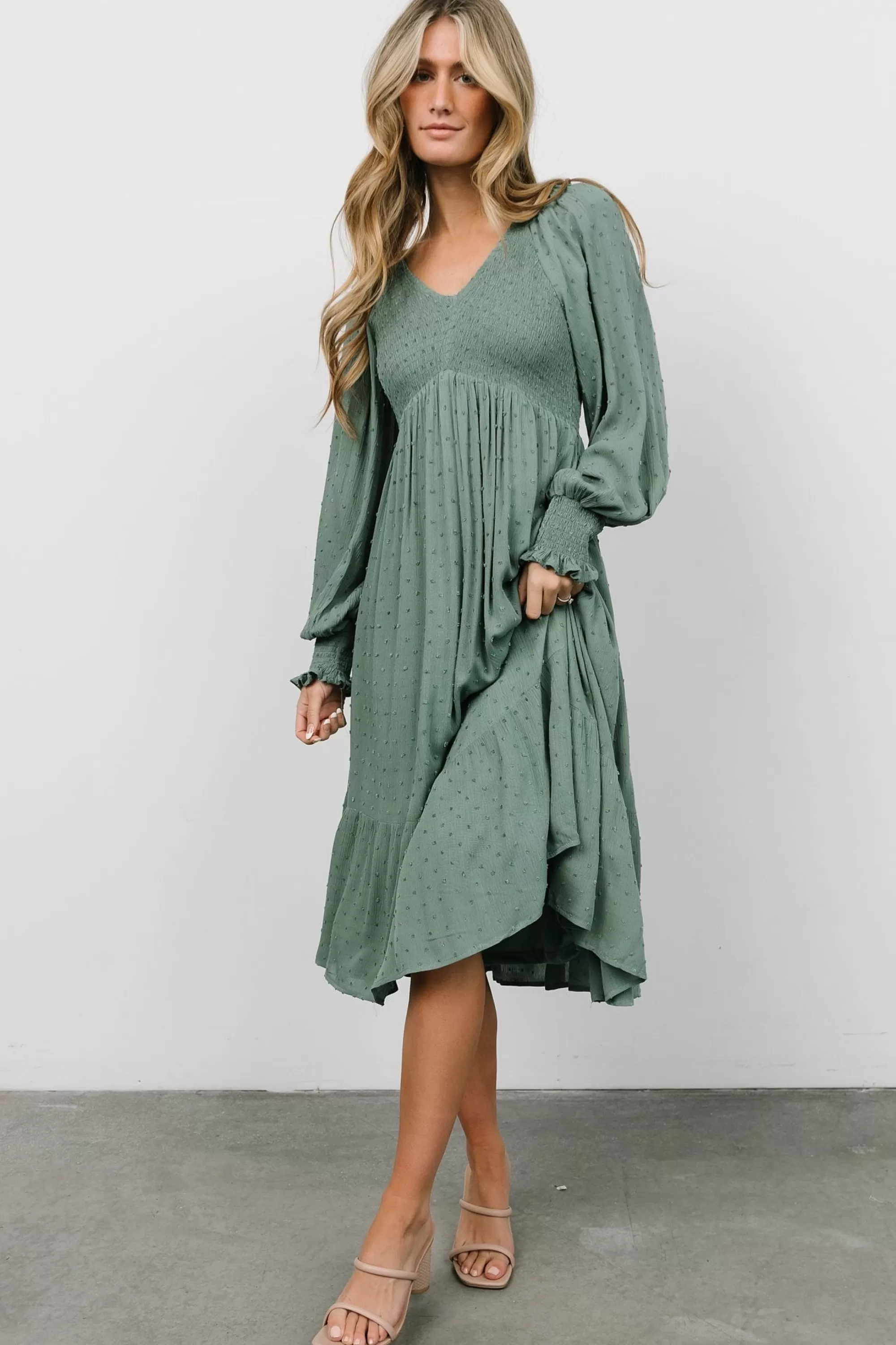 Baltic Born midi dresses | bump friendly | Lainey Smocked Dotted Midi Dress | Dark Sage