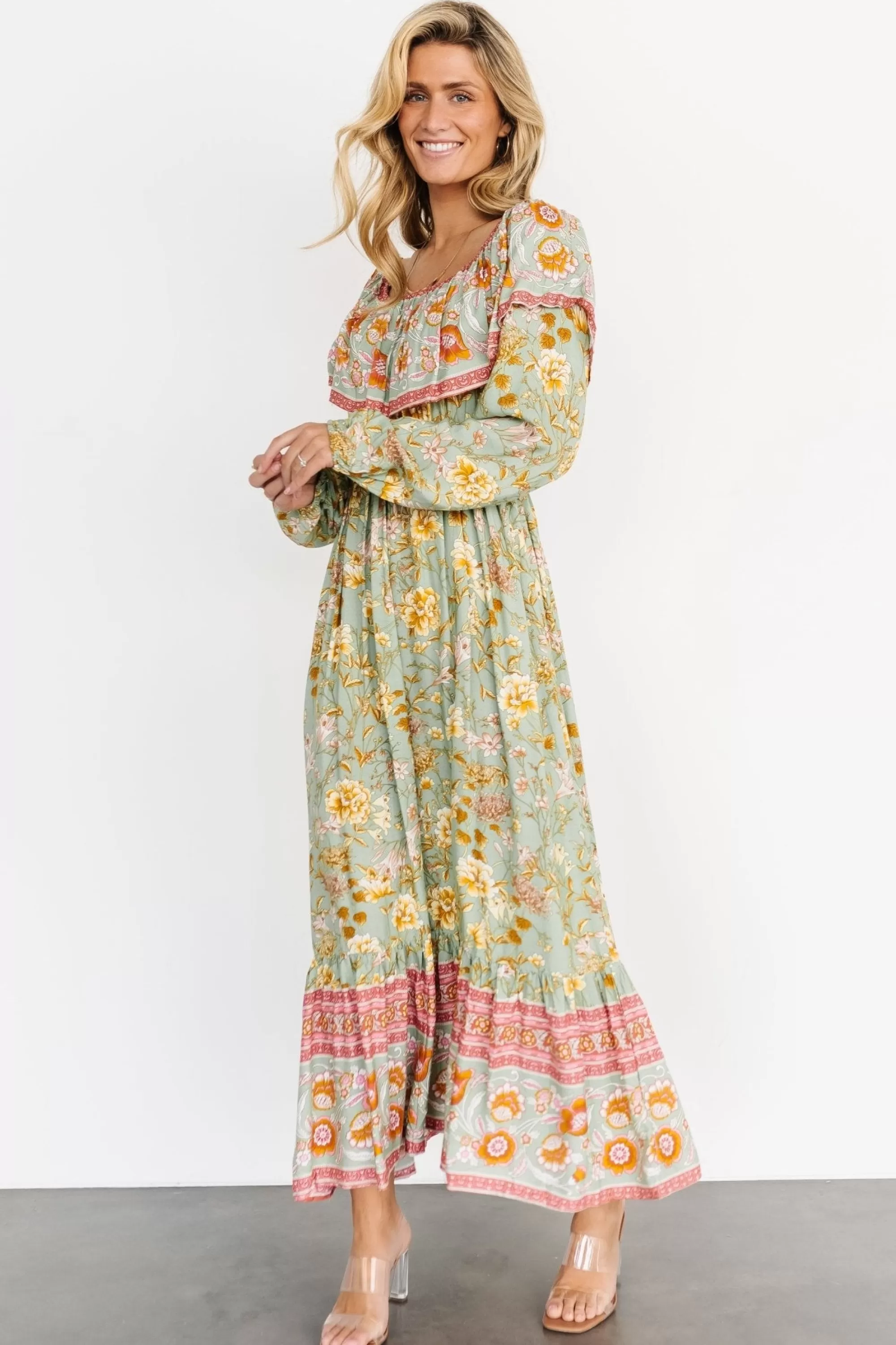 Baltic Born bump friendly | Leidy Off Shoulder Maxi Dress | Sage Multi