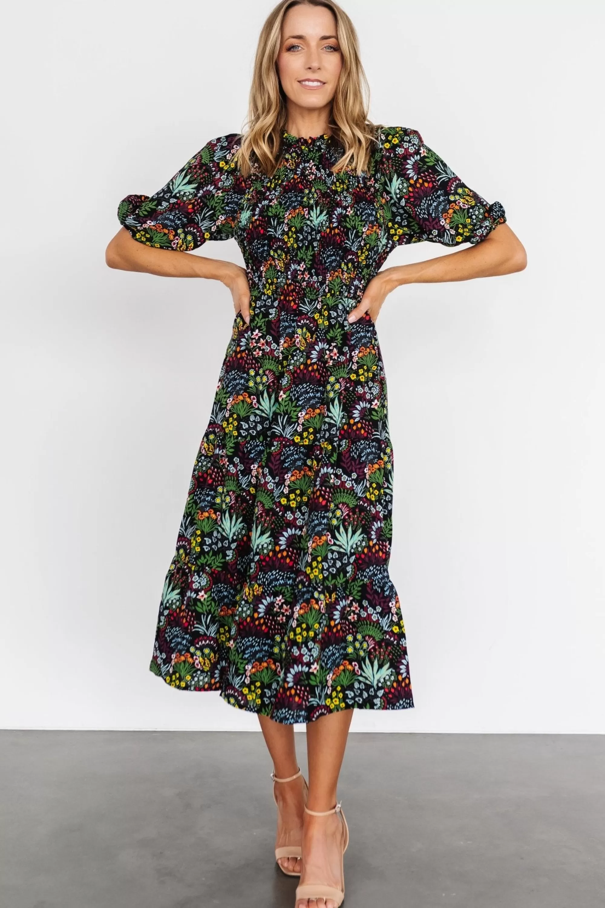 Baltic Born midi dresses | EXTENDED SIZING | Lena Tiered Midi Dress | Black Multi Floral