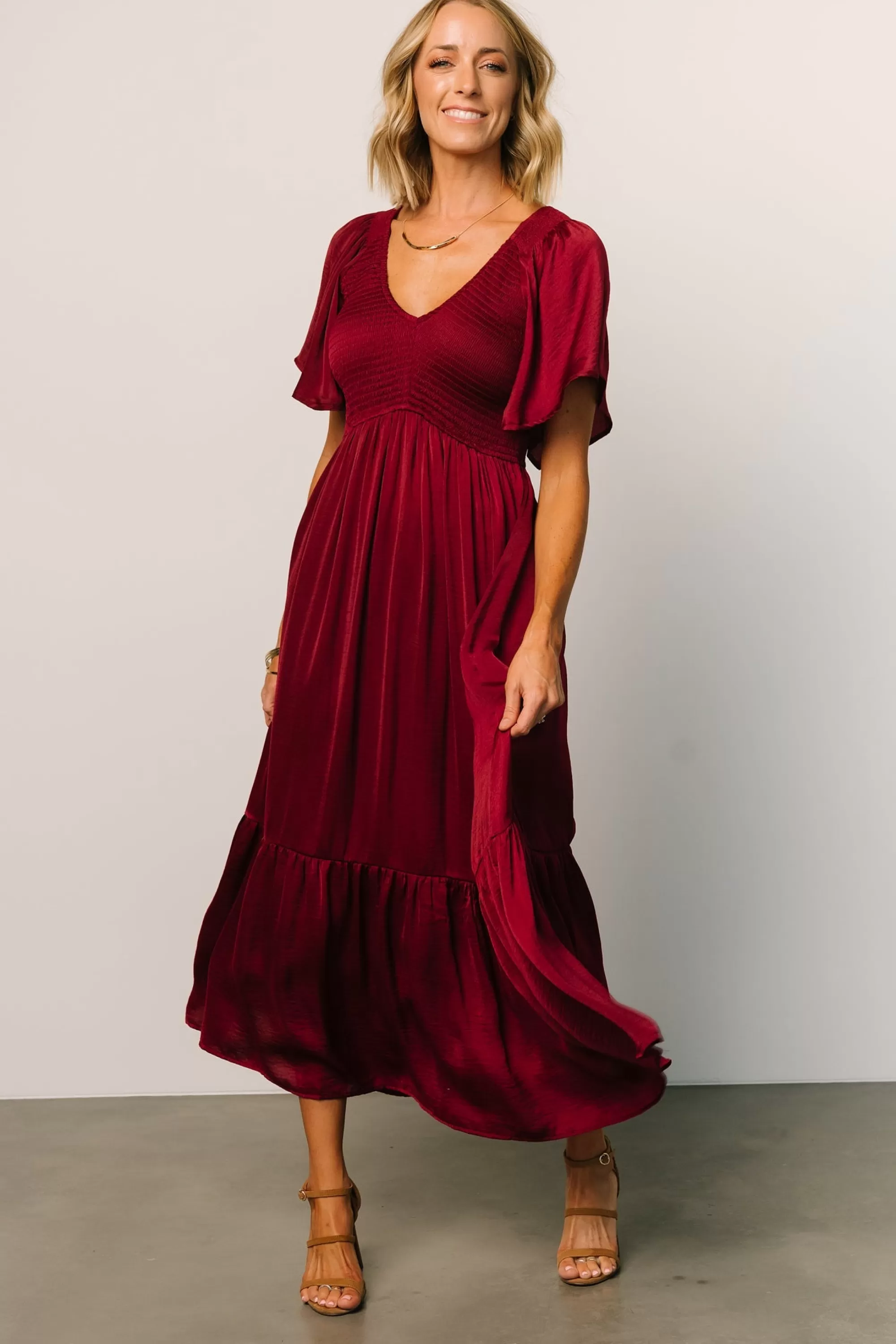 Baltic Born midi dresses | WINTER ESSENTIALS | Lovell Smocked Midi Dress | Wine