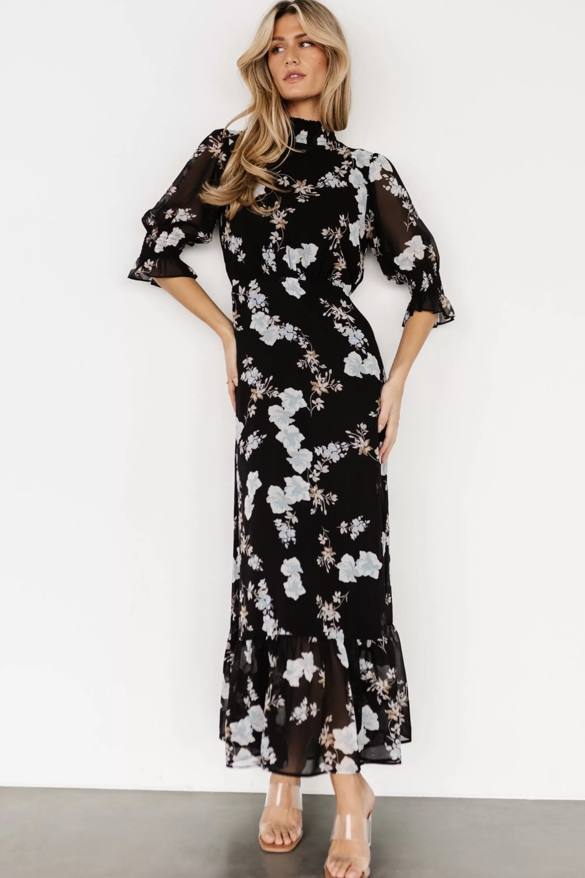 Baltic Born WEDDING SUITE | wedding guest | Marie Mock Neck Maxi Dress | Black Floral