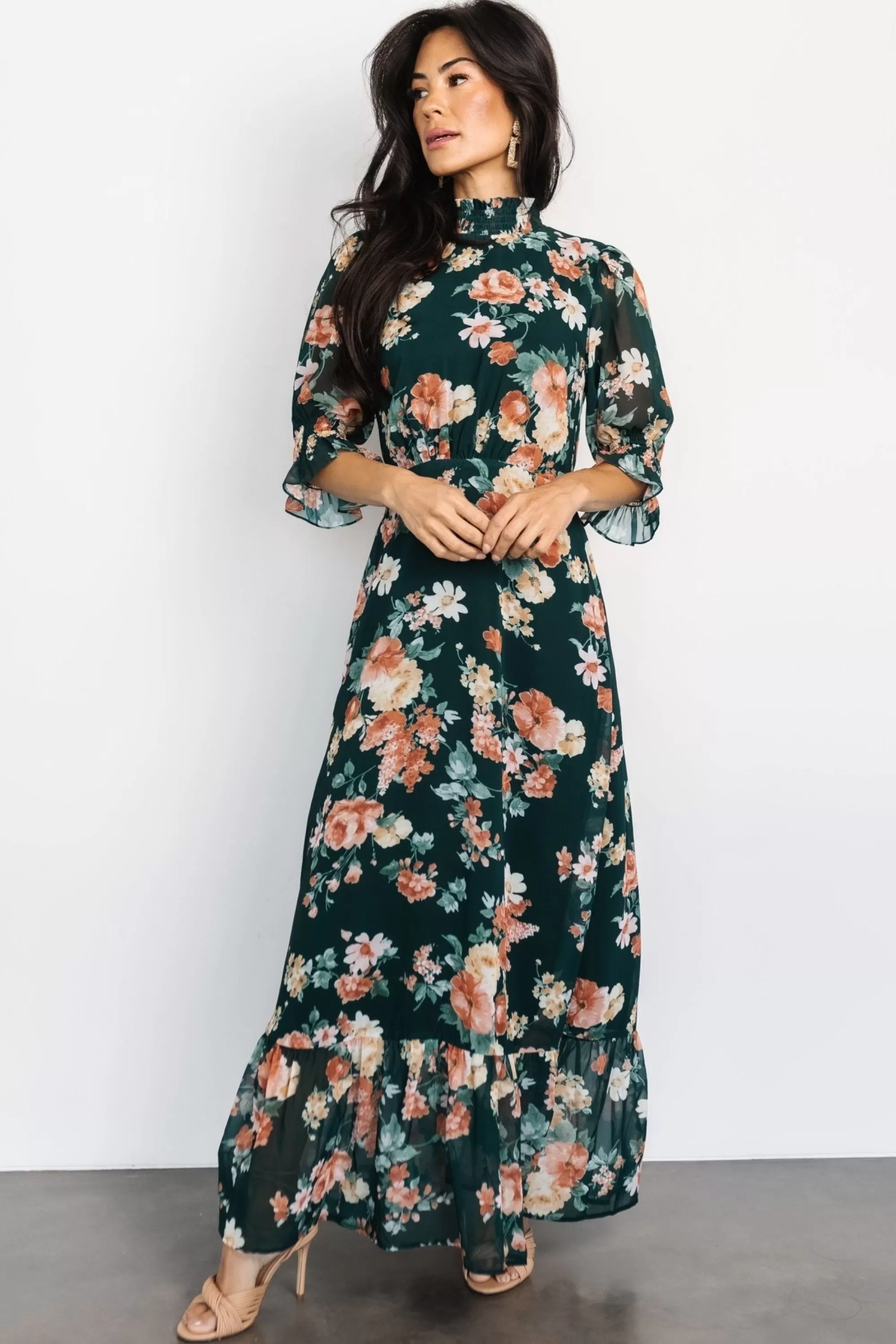 Baltic Born WEDDING SUITE | wedding guest | Marie Mock Neck Maxi Dress | Dark Green Floral