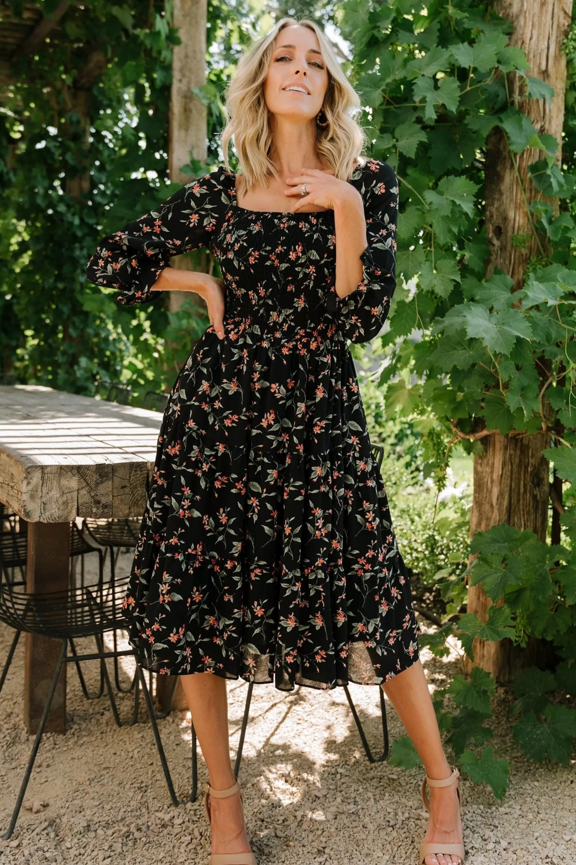 Baltic Born SALE | Marta Smocked Midi Dress | Black Floral