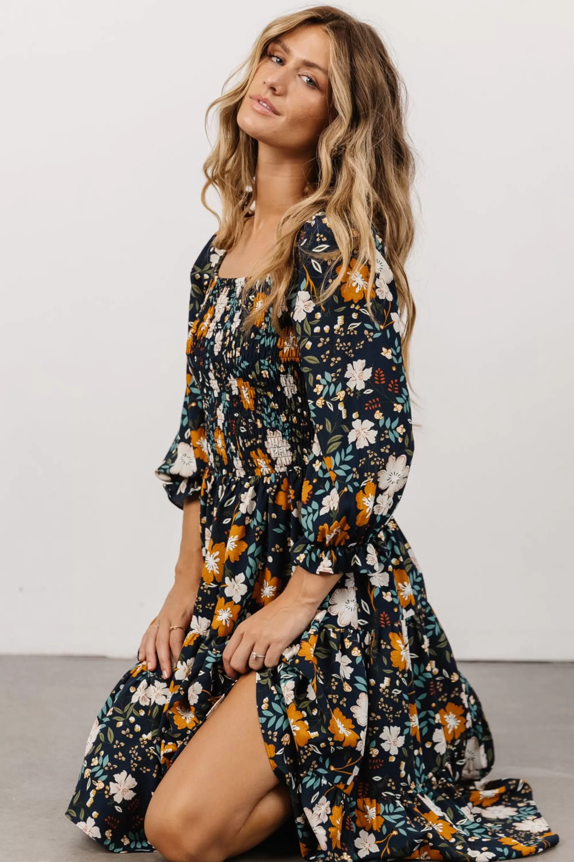 Baltic Born SALE | Marta Smocked Midi Dress | Dark Blue Vintage Floral