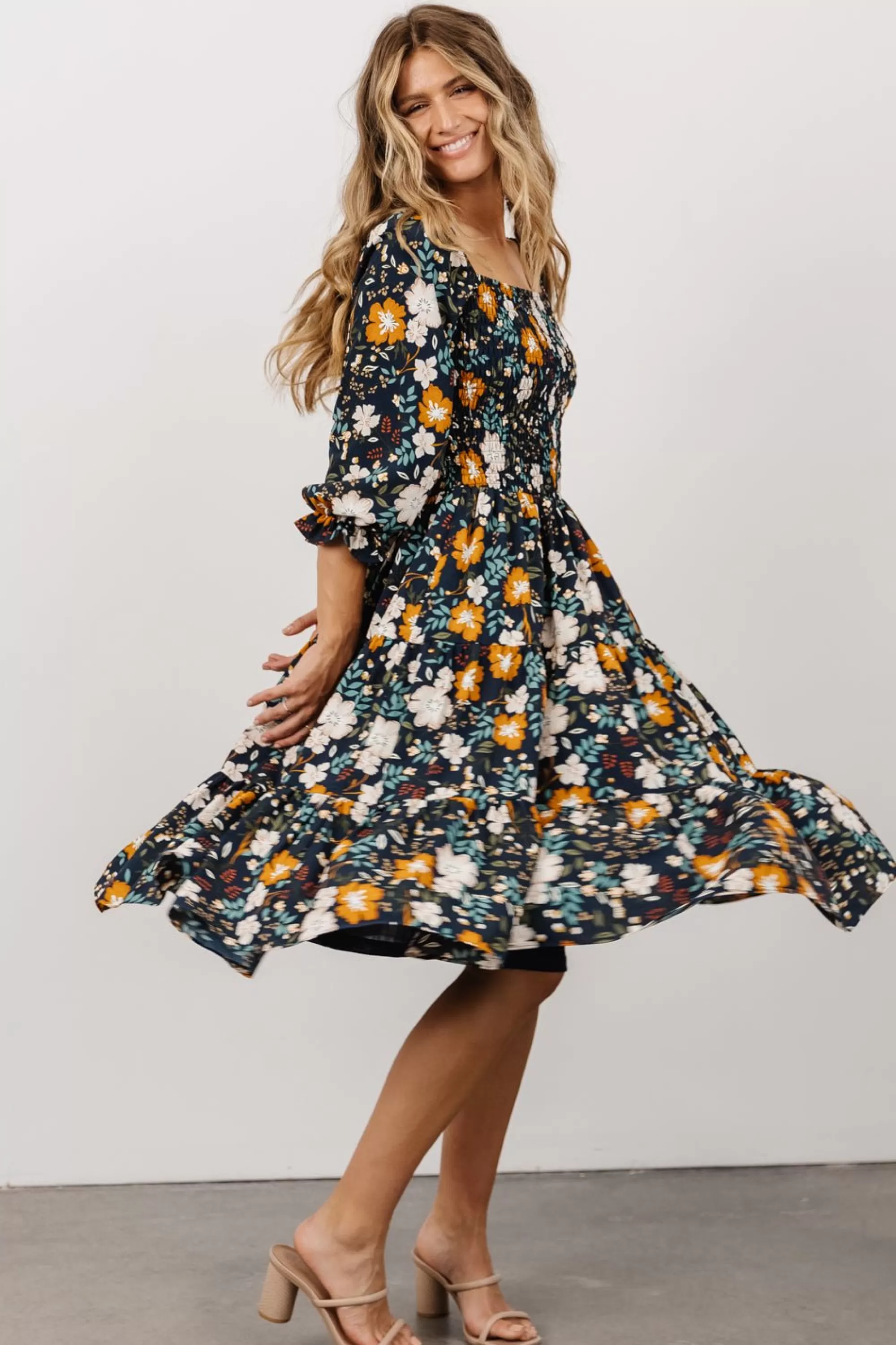 Baltic Born SALE | Marta Smocked Midi Dress | Dark Blue Vintage Floral