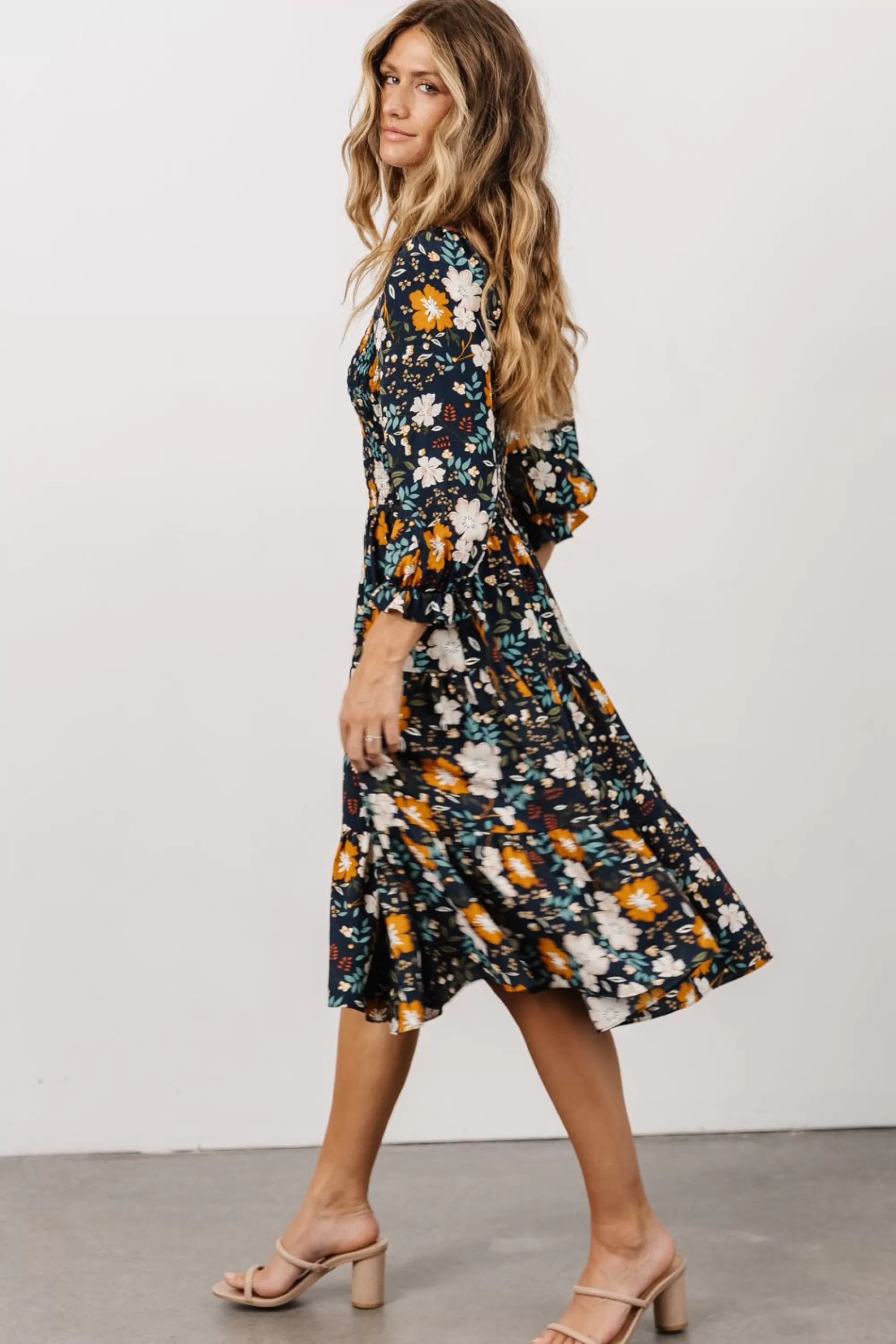Baltic Born SALE | Marta Smocked Midi Dress | Dark Blue Vintage Floral