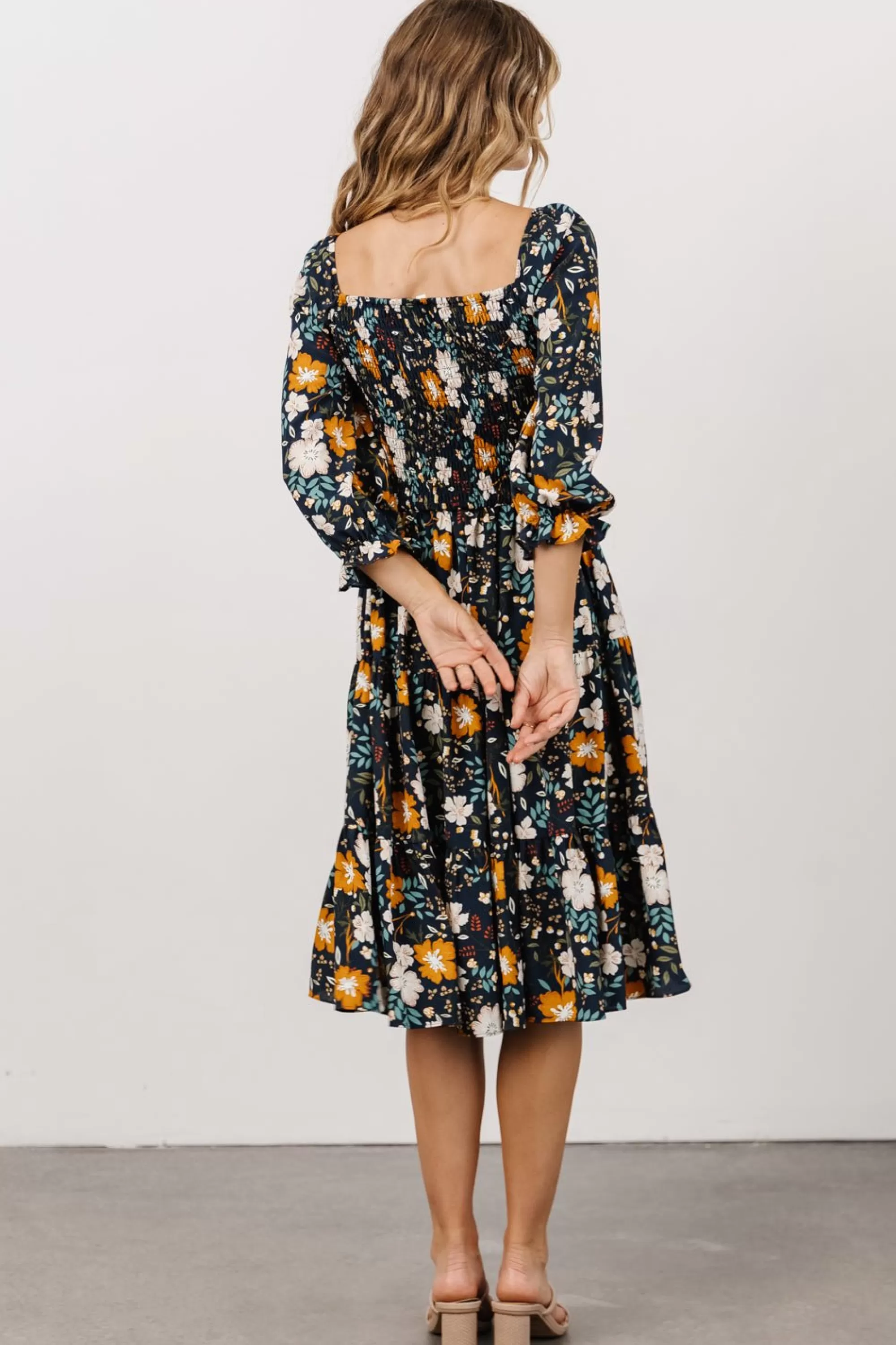 Baltic Born SALE | Marta Smocked Midi Dress | Dark Blue Vintage Floral