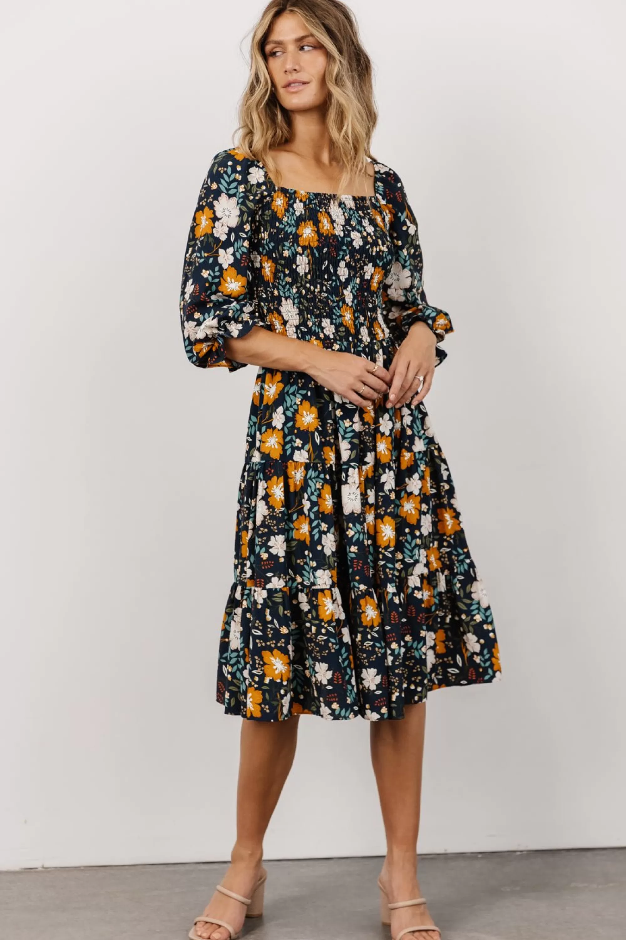 Baltic Born SALE | Marta Smocked Midi Dress | Dark Blue Vintage Floral