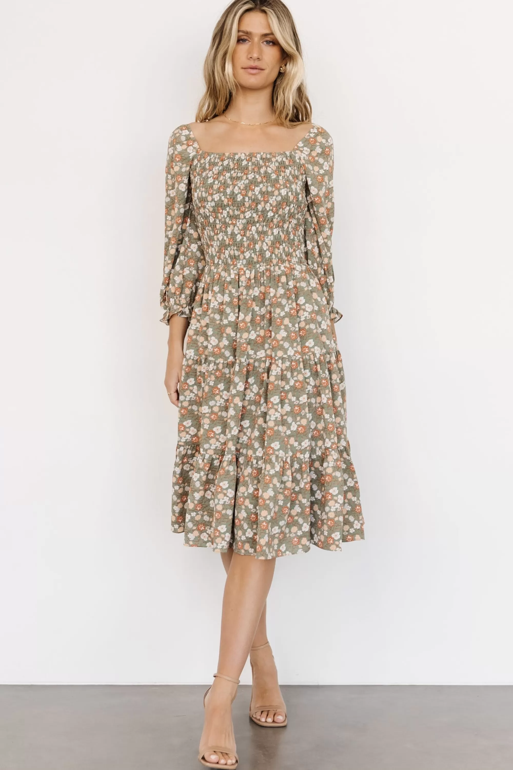 Baltic Born SALE | Marta Smocked Midi Dress | Dusty Olive Floral