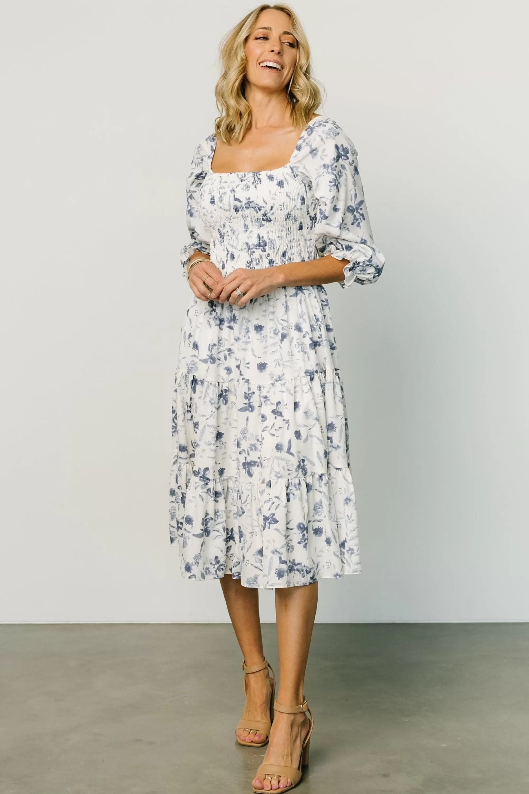 Baltic Born SALE | Marta Smocked Midi Dress | White + Blue