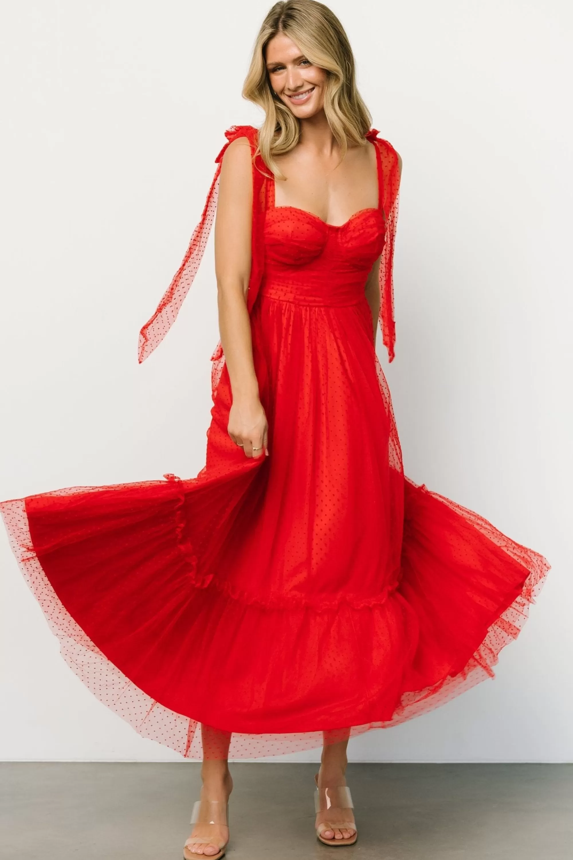 Baltic Born tulle styles | Mavani Swiss Dot Tulle Maxi Dress | Red