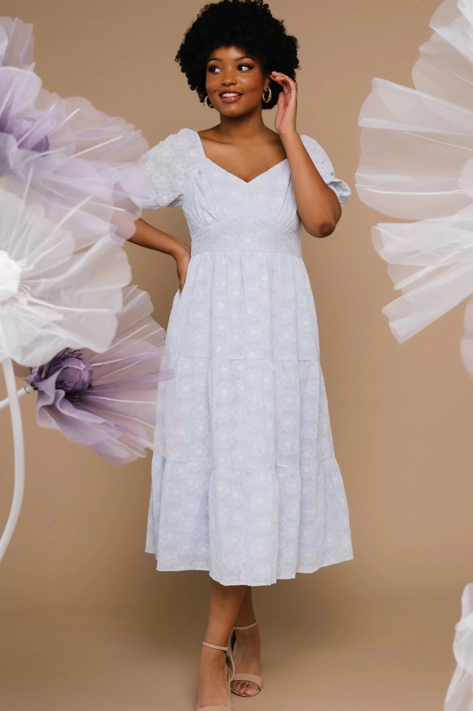 Baltic Born SALE | Mildred Embroidered Midi Dress | Light Blue