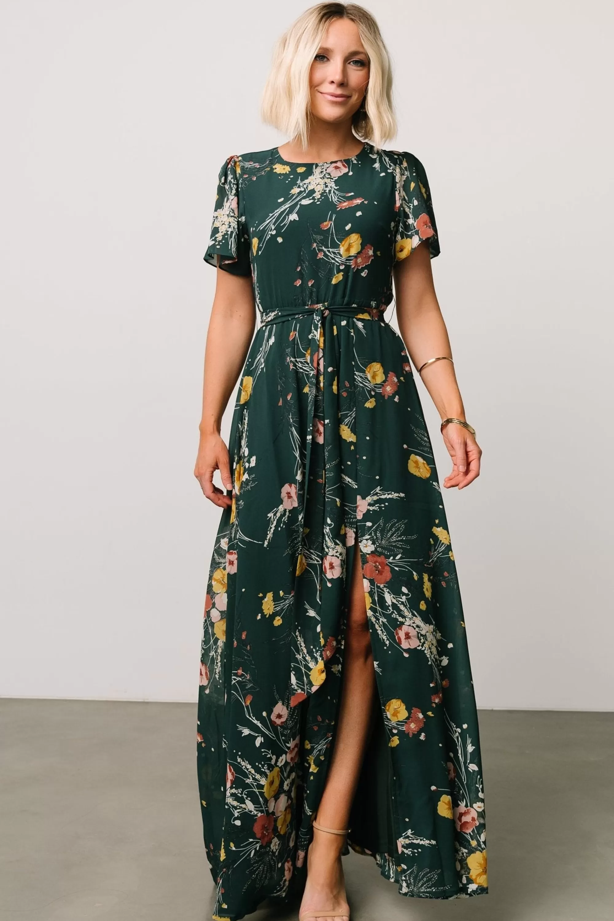 Baltic Born BEST SELLERS | Naomi Short Sleeve Maxi Dress | Dark Green Floral