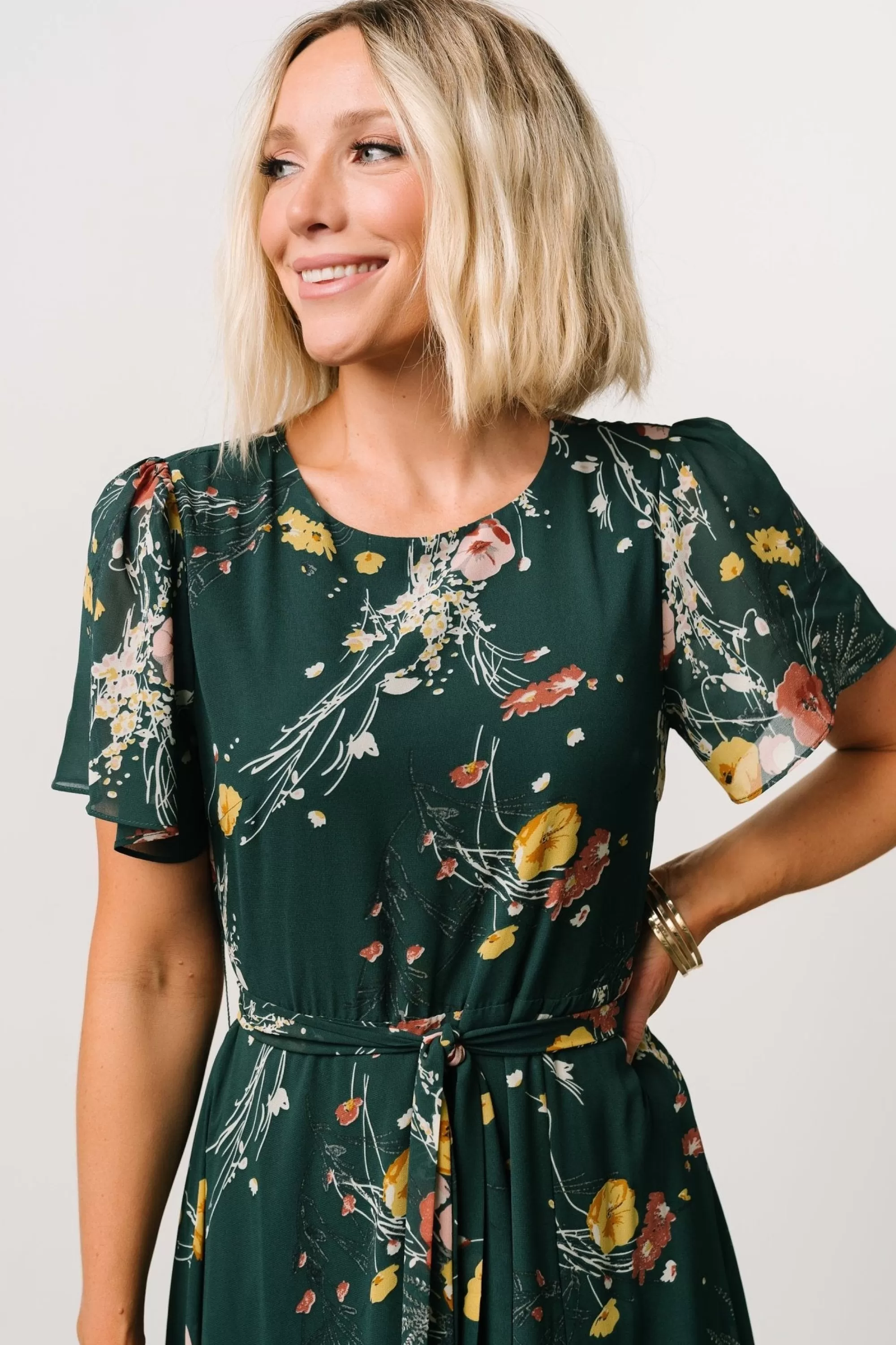 Baltic Born BEST SELLERS | Naomi Short Sleeve Maxi Dress | Dark Green Floral
