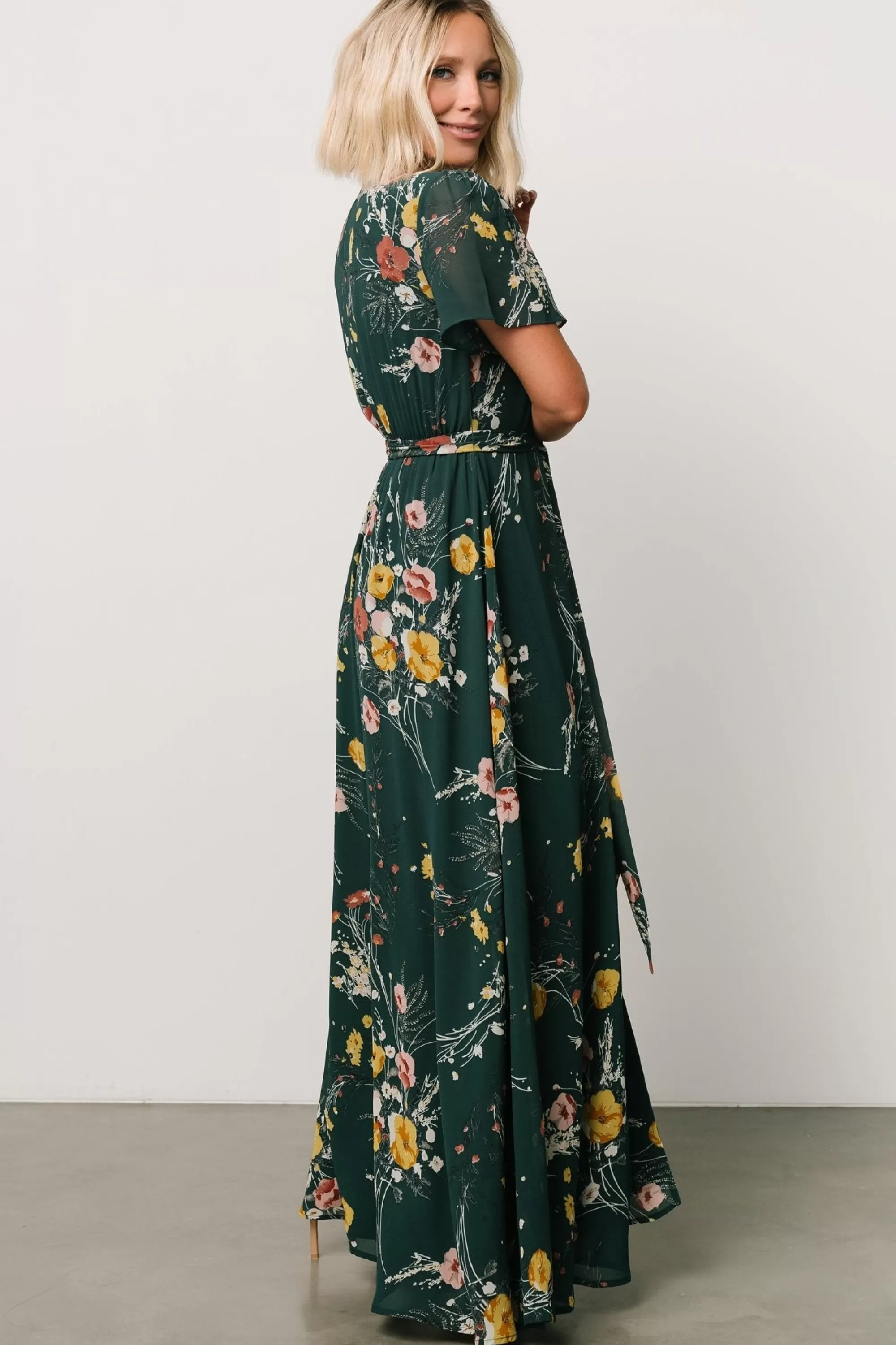 Baltic Born BEST SELLERS | Naomi Short Sleeve Maxi Dress | Dark Green Floral