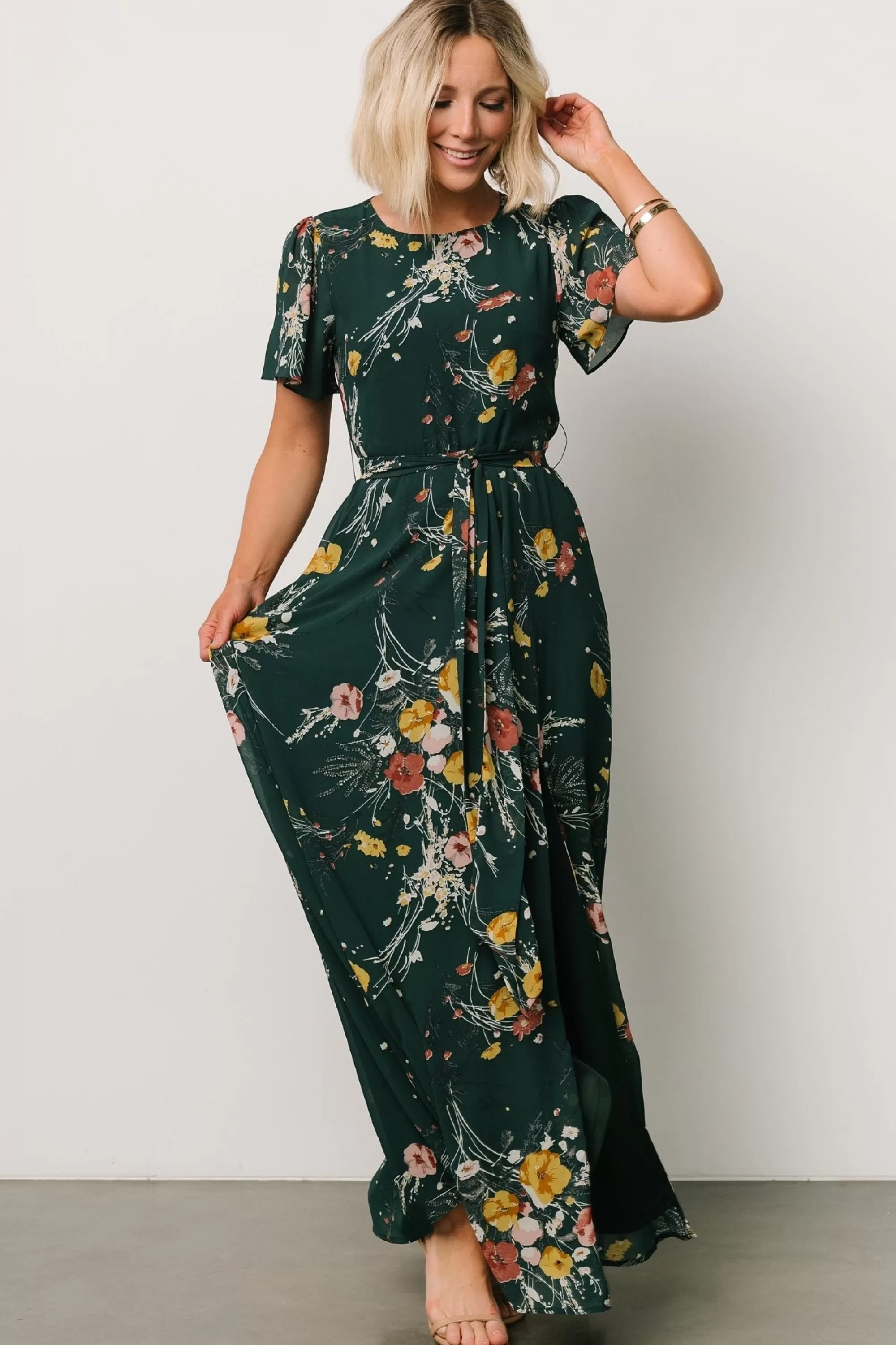 Baltic Born BEST SELLERS | Naomi Short Sleeve Maxi Dress | Dark Green Floral