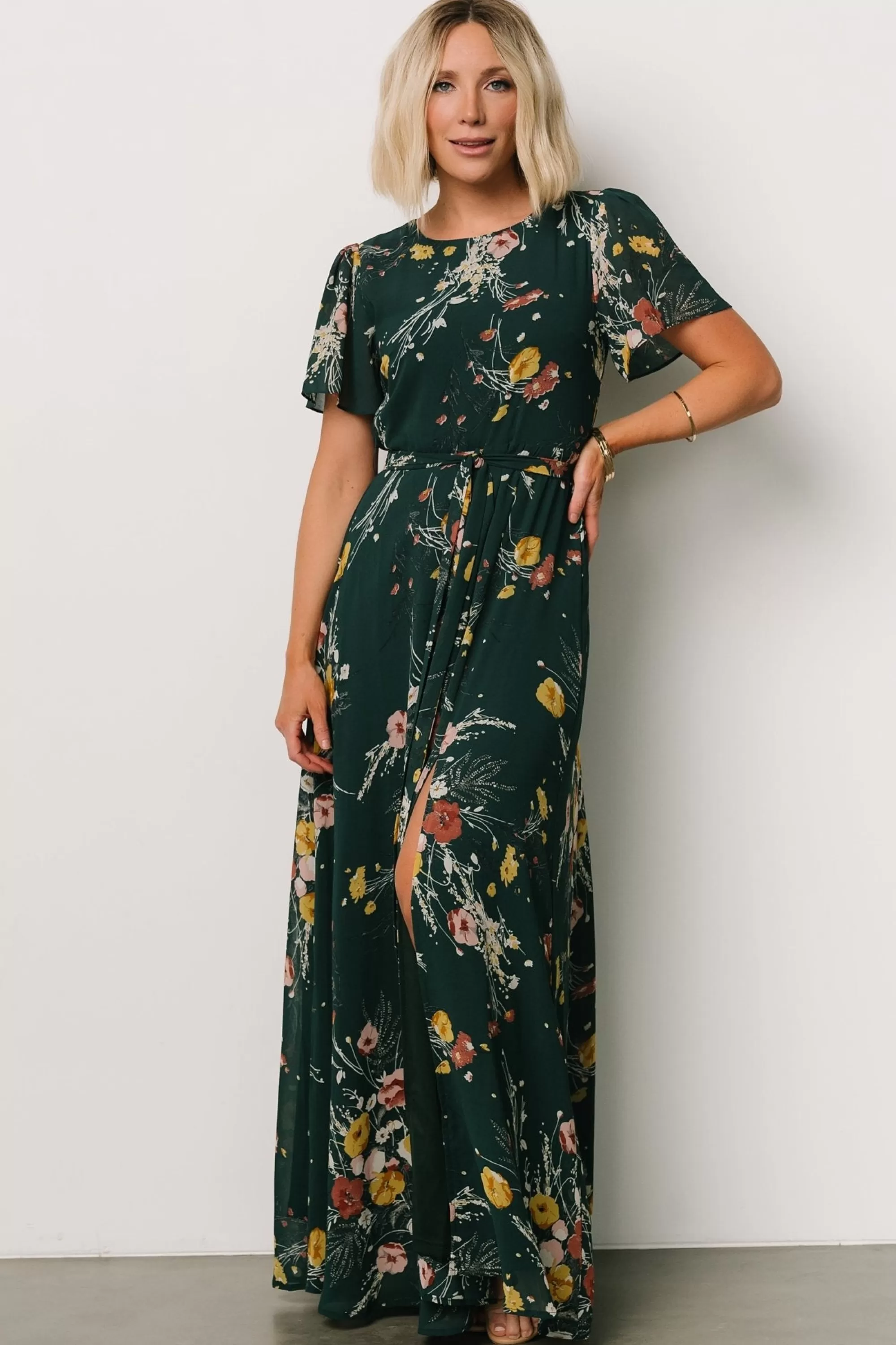 Baltic Born BEST SELLERS | Naomi Short Sleeve Maxi Dress | Dark Green Floral