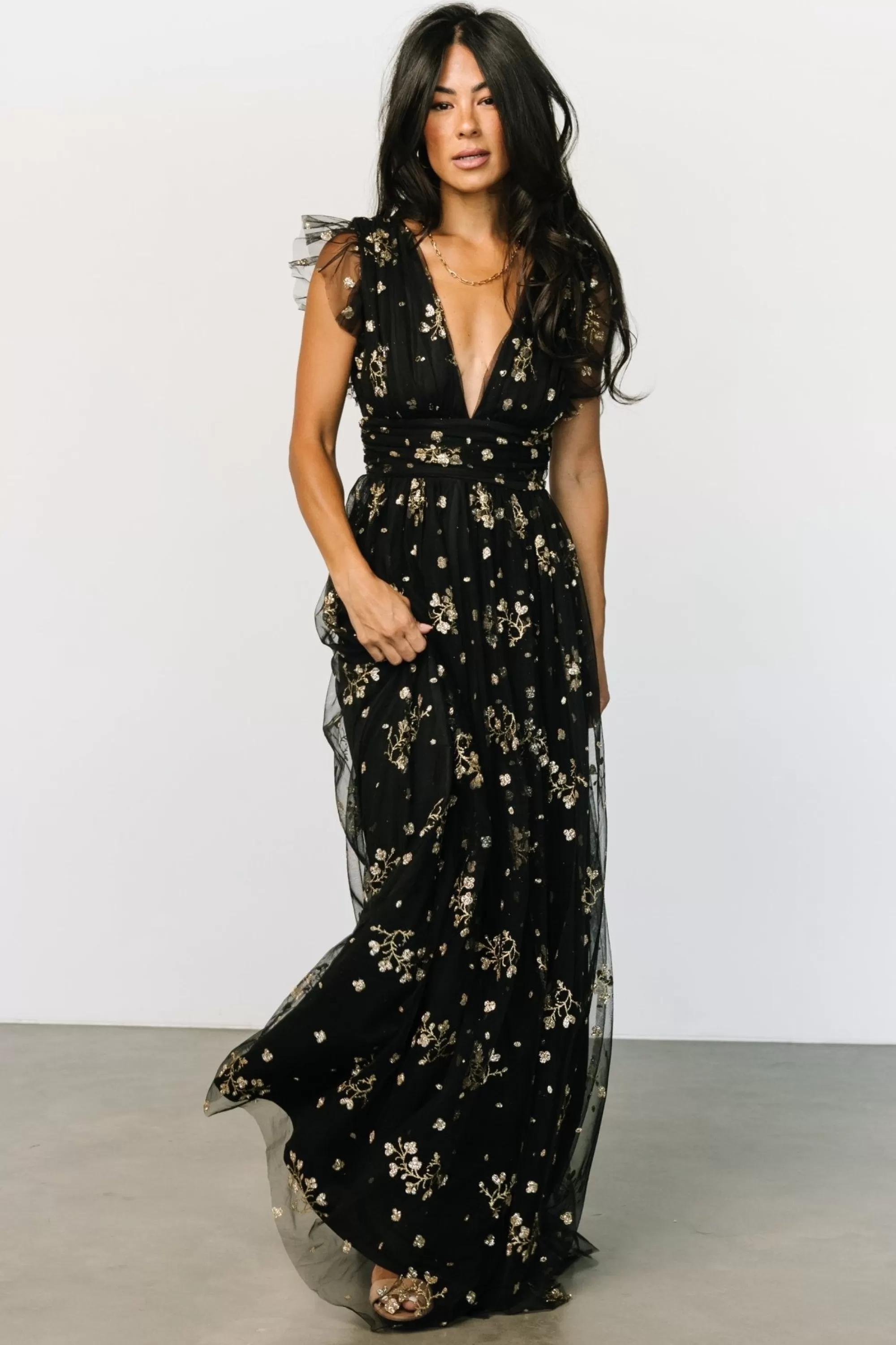 Baltic Born tulle styles | Natalia Floral Embellished Maxi Dress | Black + Gold