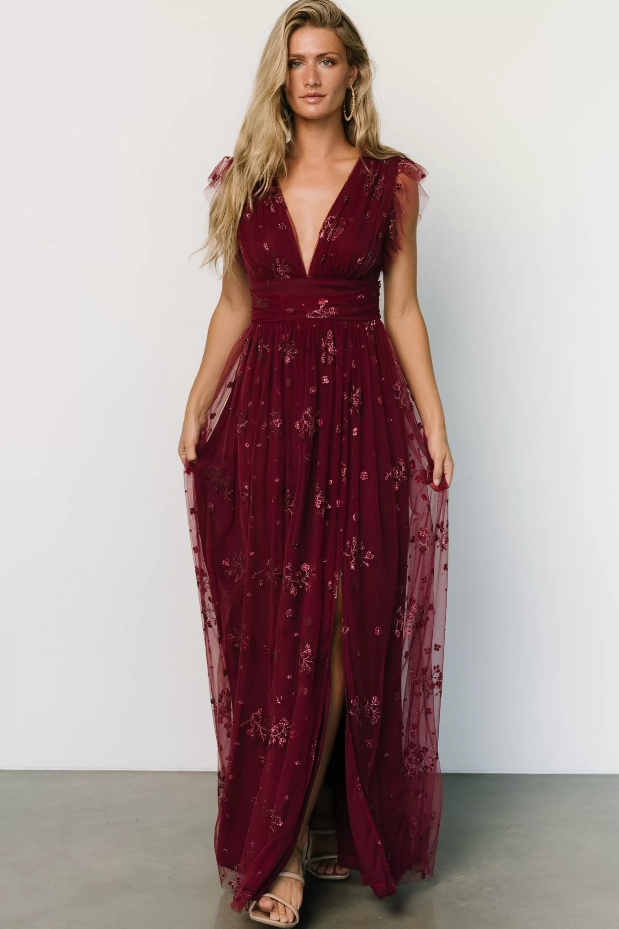 Baltic Born tulle styles | Natalia Floral Embellished Maxi Dress | Wine