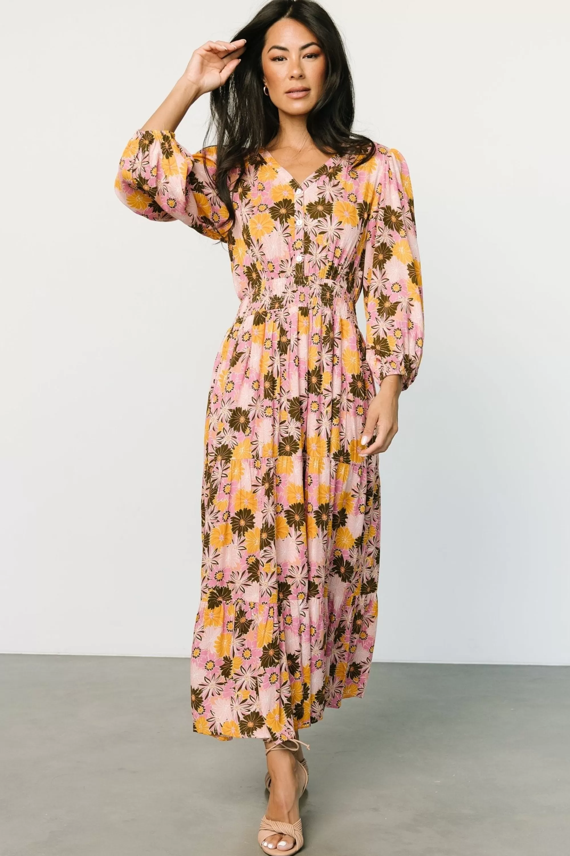 Baltic Born SALE | Noa Tiered Midi Dress | Pink + Mustard