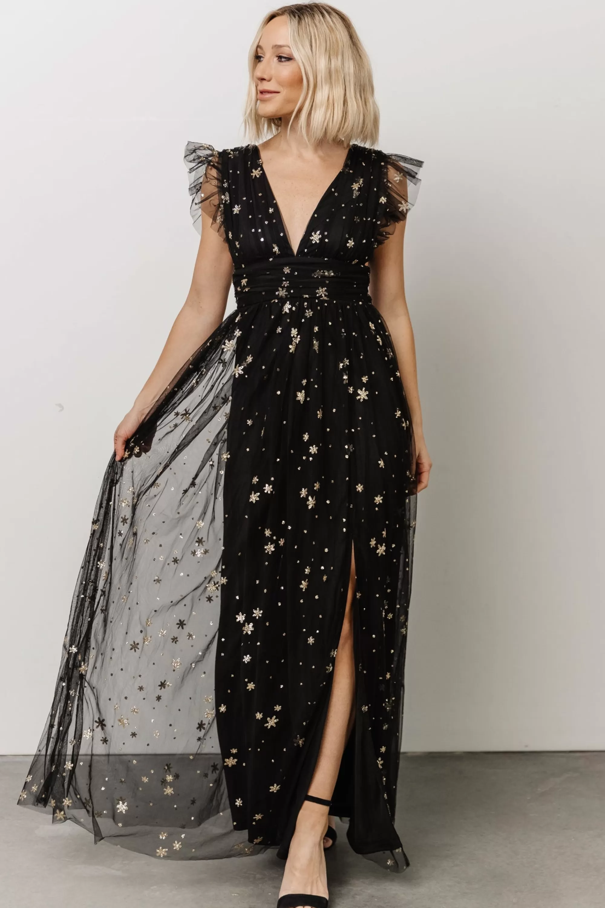 Baltic Born tulle styles | Nova Shimmer Maxi Dress | Black + Gold