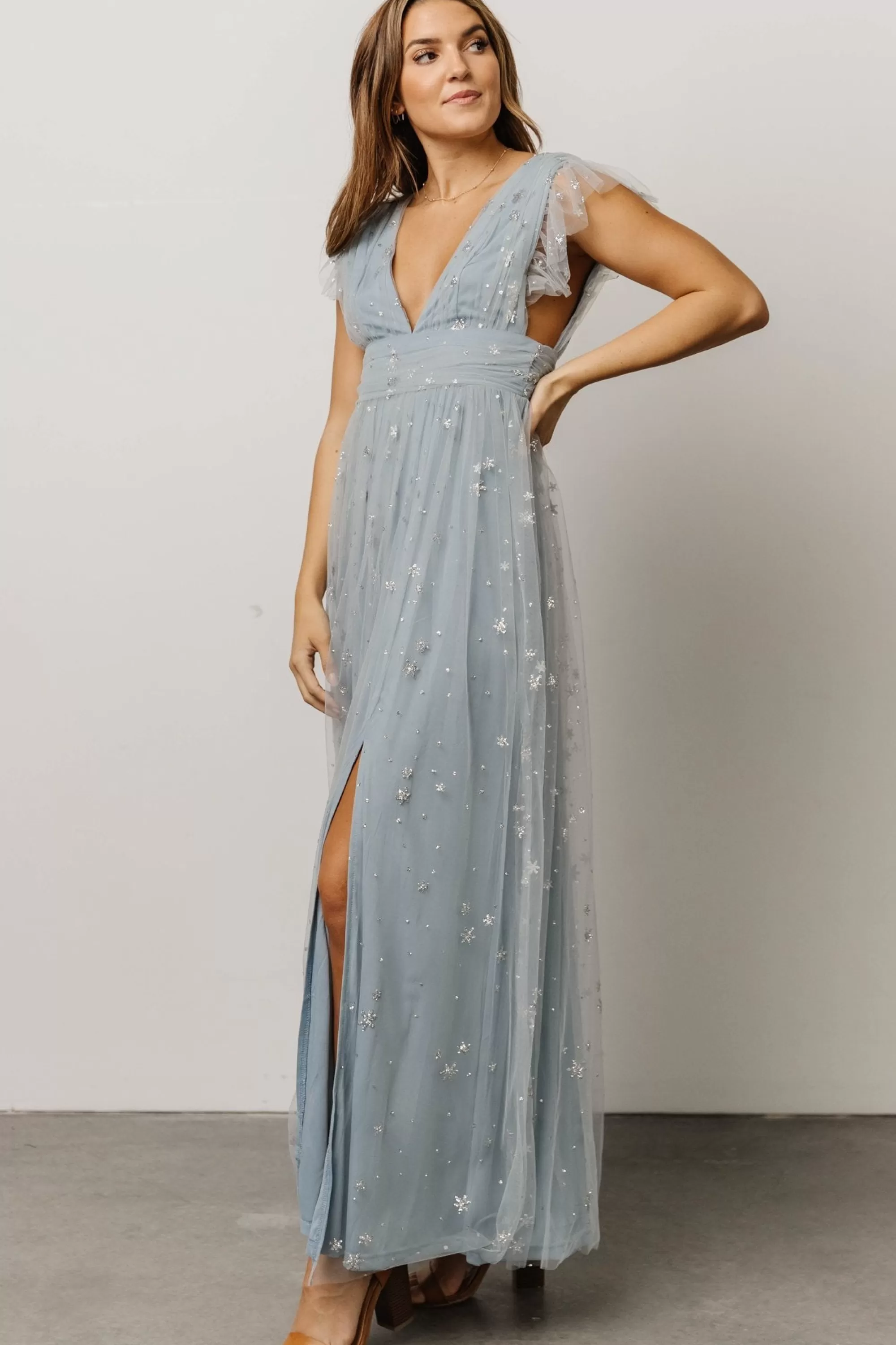 Baltic Born tulle styles | Nova Shimmer Maxi Dress | Dusty Blue + Silver