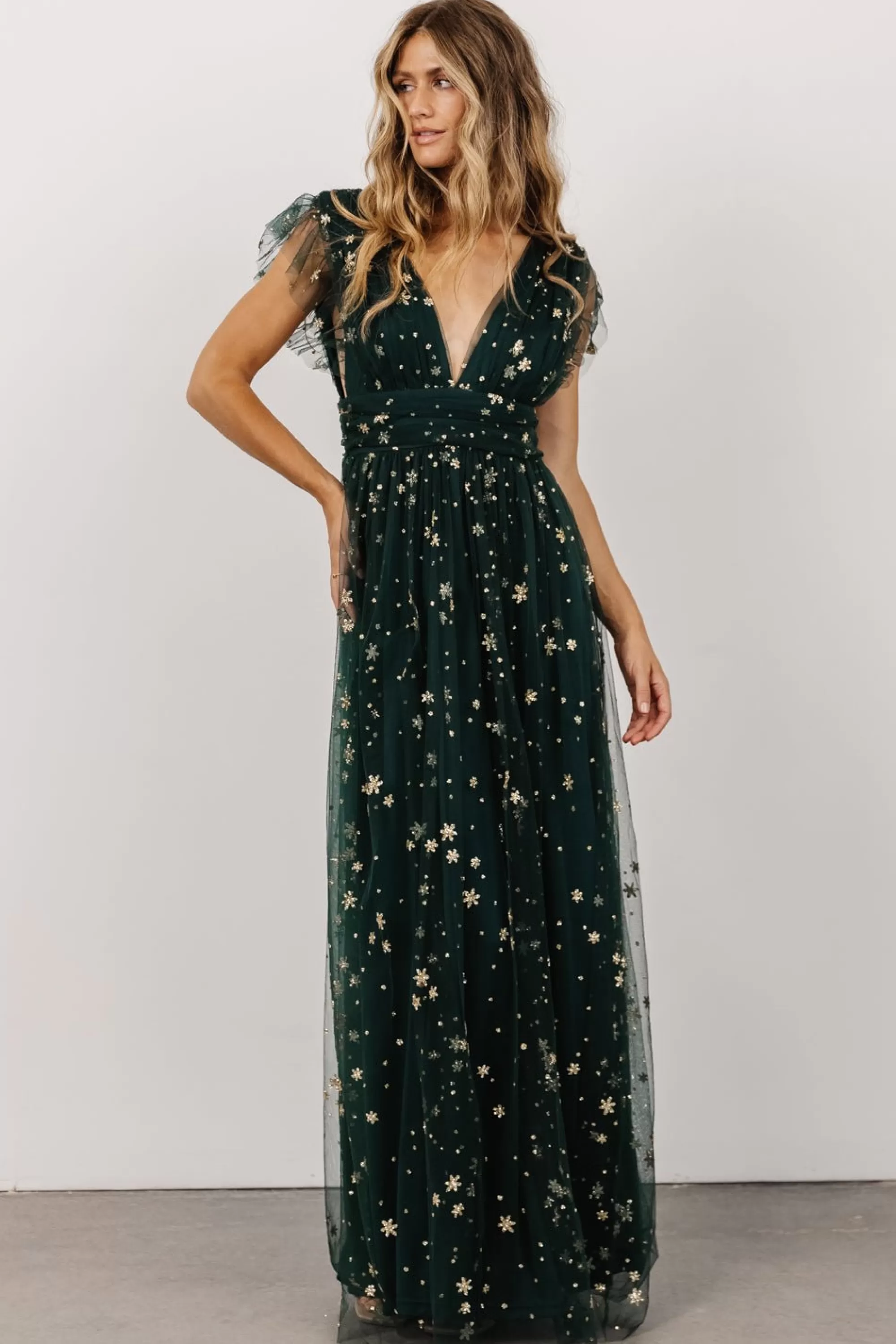 Baltic Born tulle styles | Nova Shimmer Maxi Dress | Green + Gold