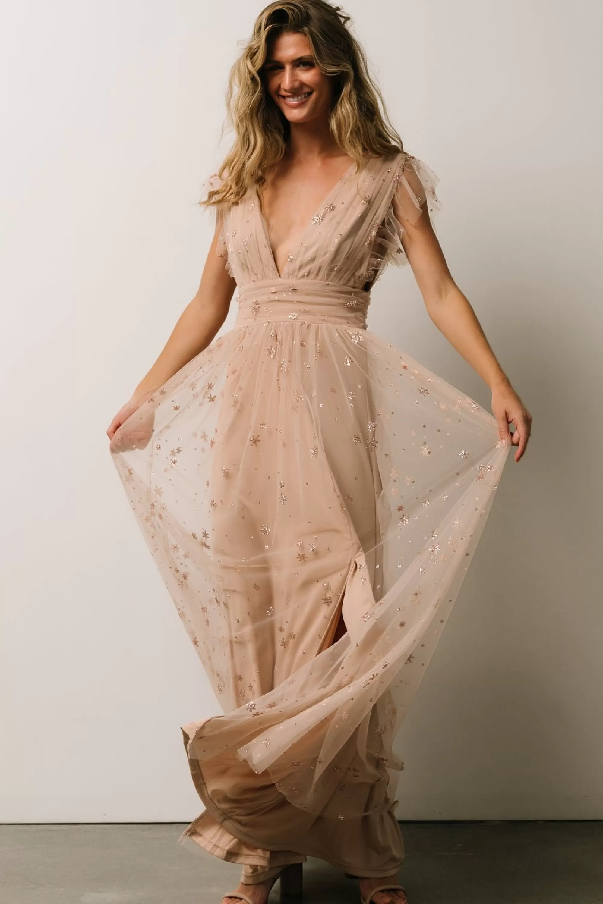 Baltic Born tulle styles | Nova Shimmer Maxi Dress | Natural + Blush