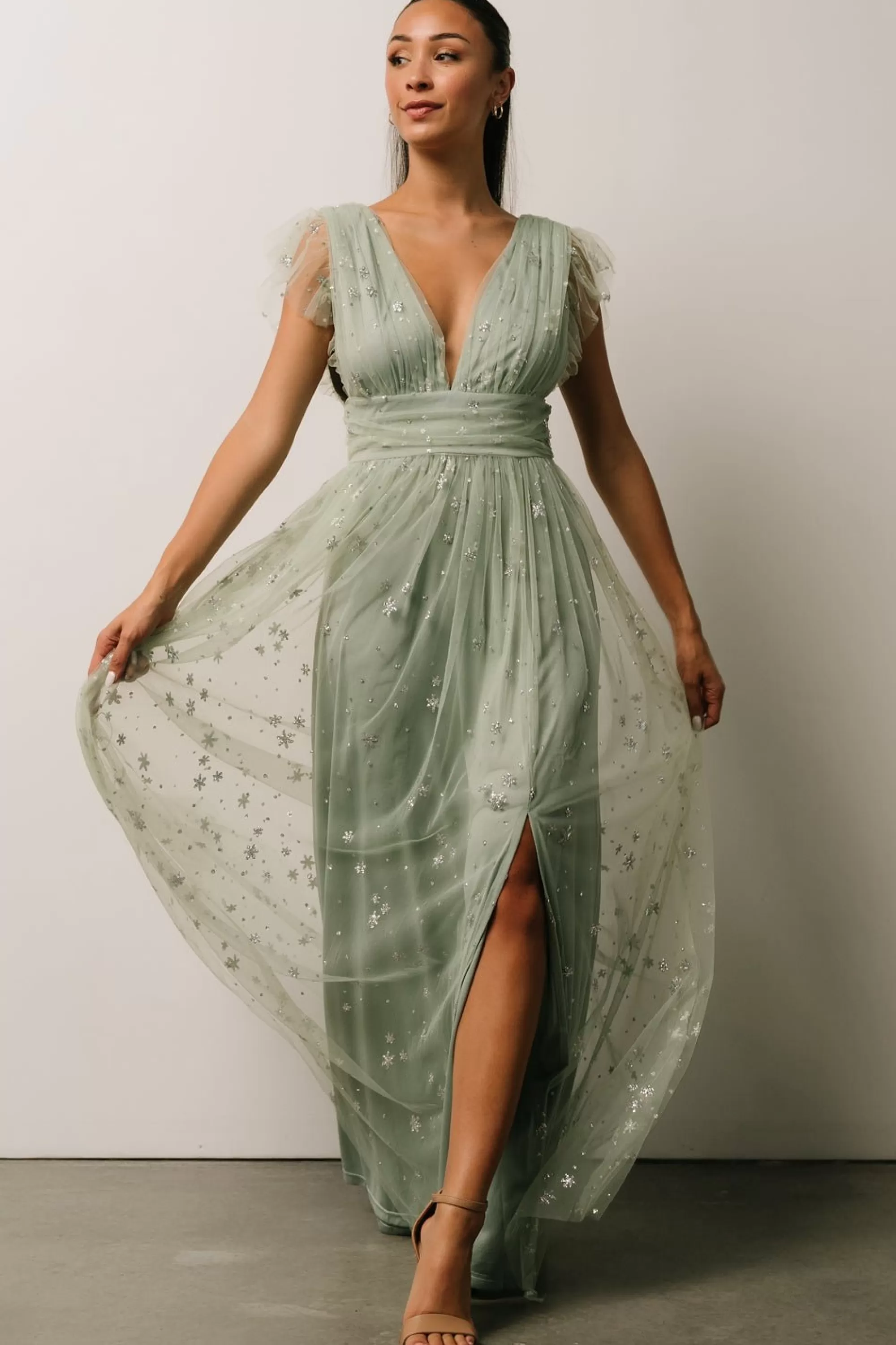 Baltic Born tulle styles | Nova Shimmer Maxi Dress | Sage + Silver