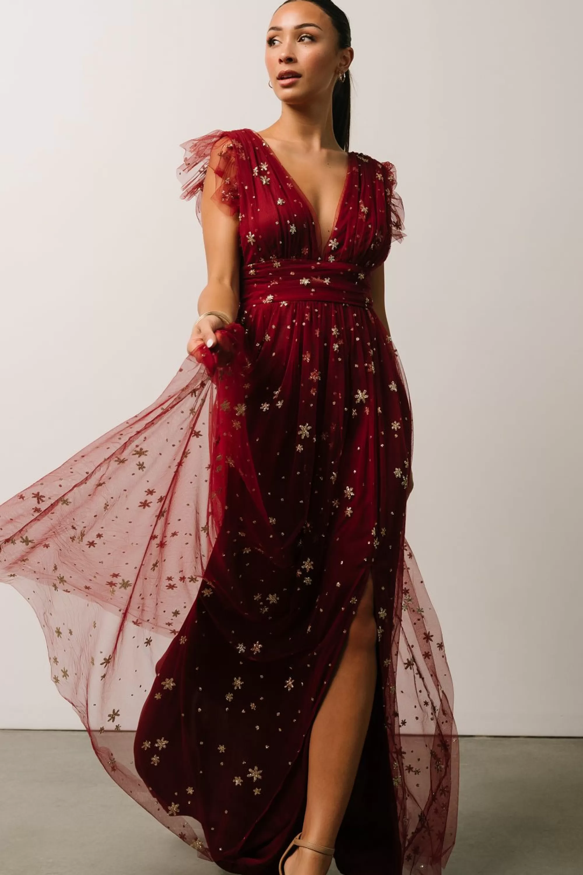 Baltic Born tulle styles | Nova Shimmer Maxi Dress | Wine + Gold