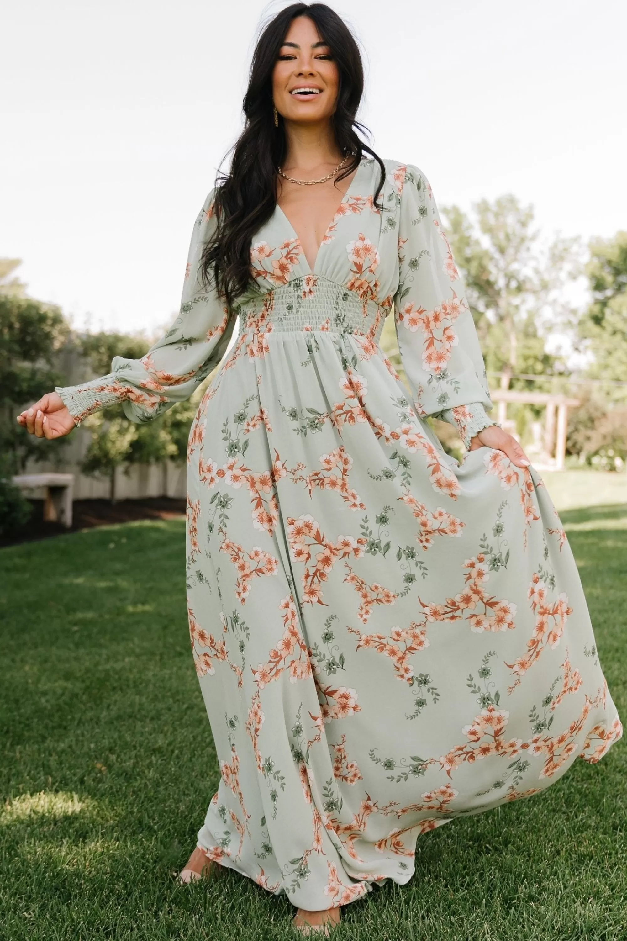 Baltic Born WEDDING SUITE | wedding guest | Olivia Maxi Dress | Sage + Peach Floral