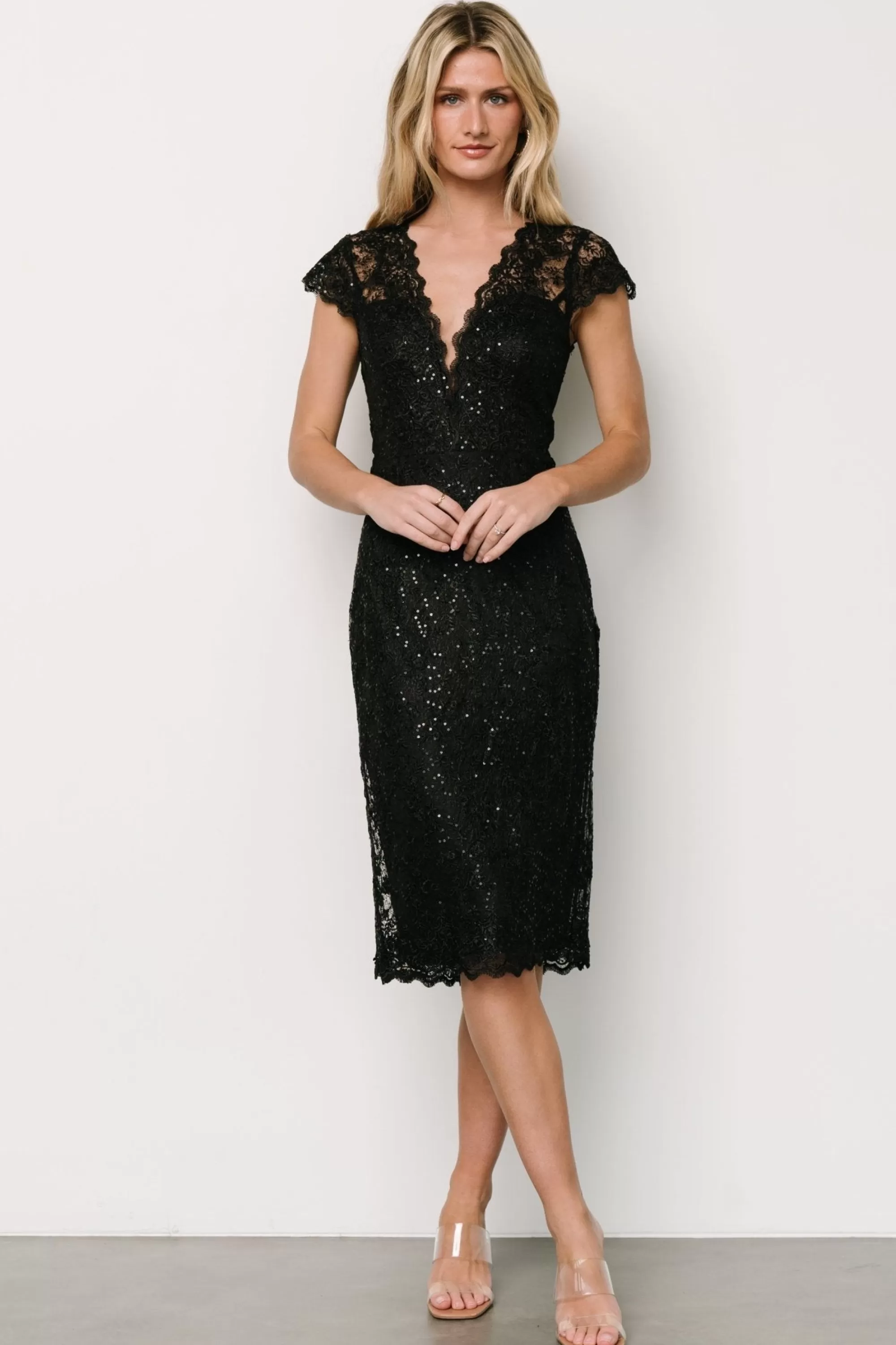 Baltic Born embellished + sequined | Oriana Embossed Shimmer Midi Dress | Black