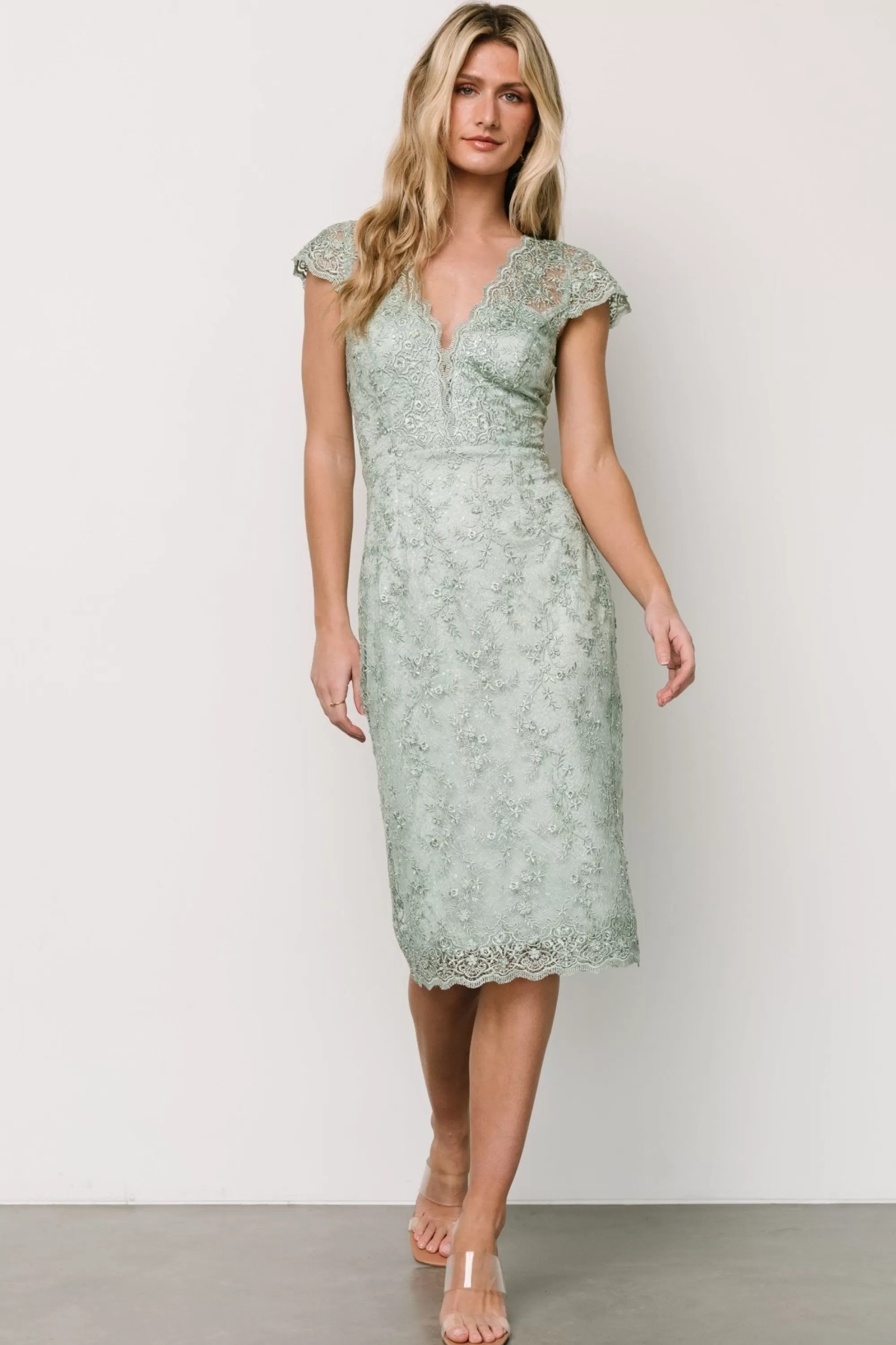 Baltic Born embellished + sequined | Oriana Embossed Shimmer Midi Dress | Sage