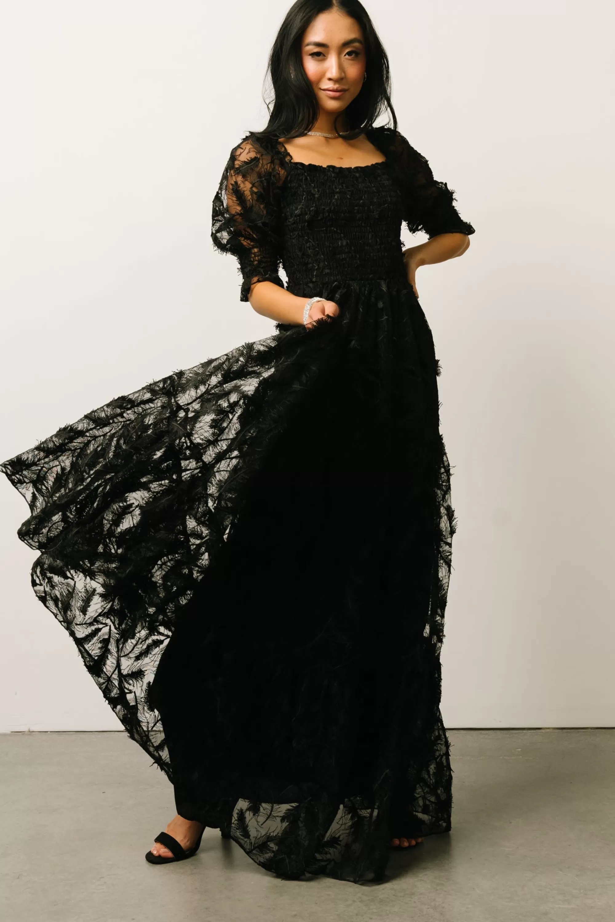 Baltic Born bump friendly | WINTER ESSENTIALS | Paloma Smocked Feather Maxi Dress | Black