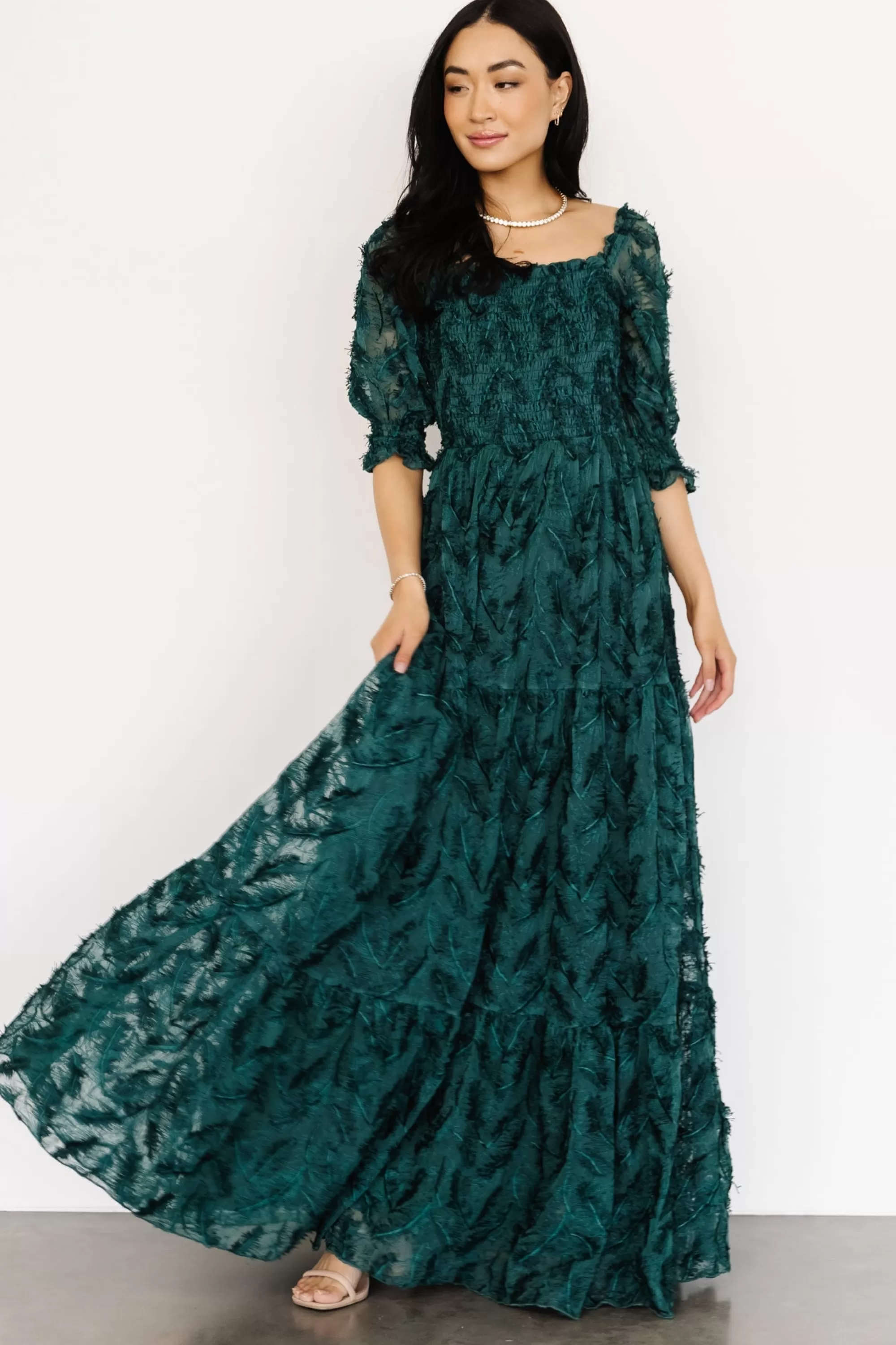 Baltic Born bump friendly | WINTER ESSENTIALS | Paloma Smocked Feather Maxi Dress | Emerald