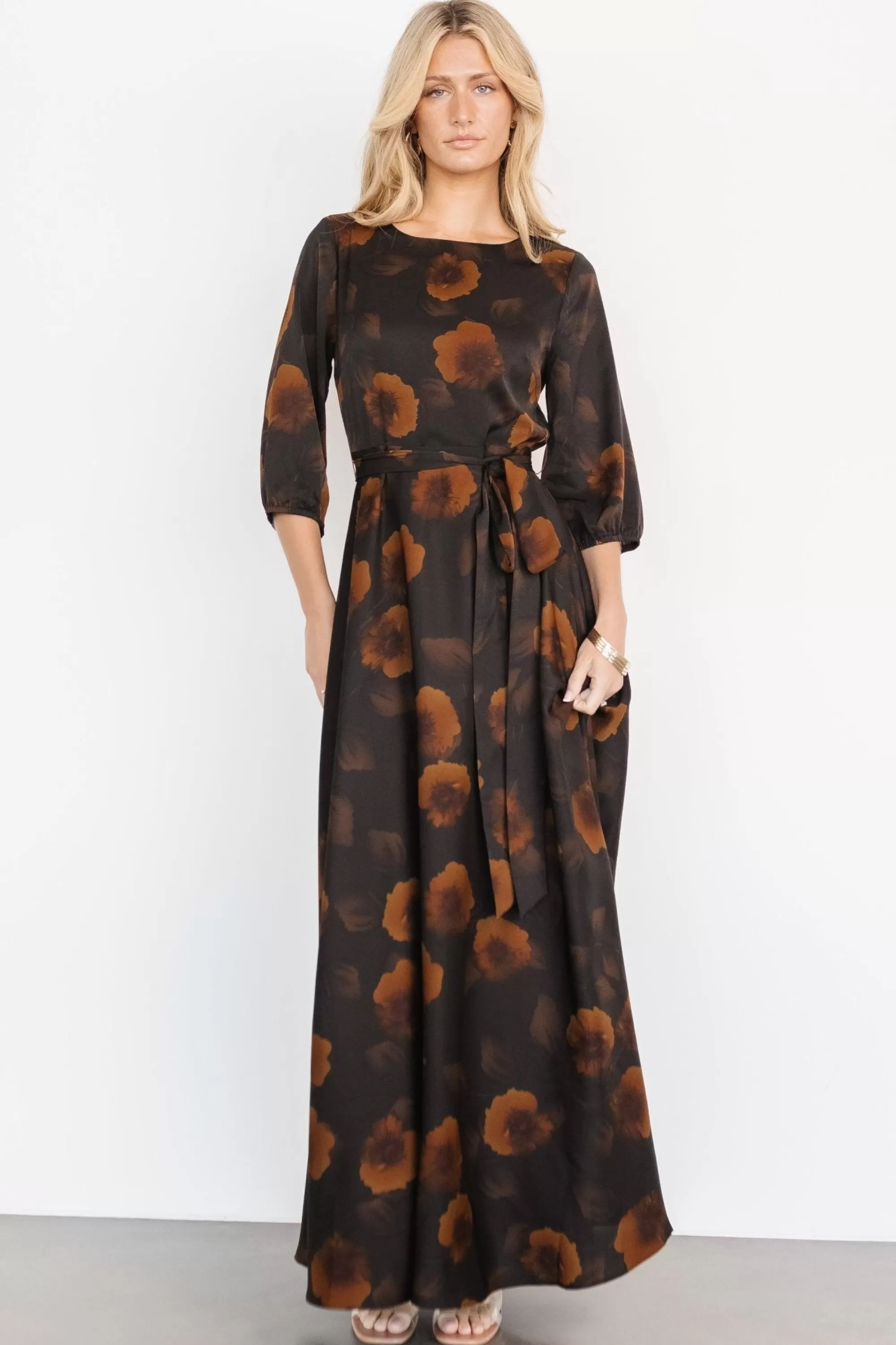 Baltic Born bump friendly | EXTENDED SIZING | Paula Satin Maxi Dress | Deep Brown Floral